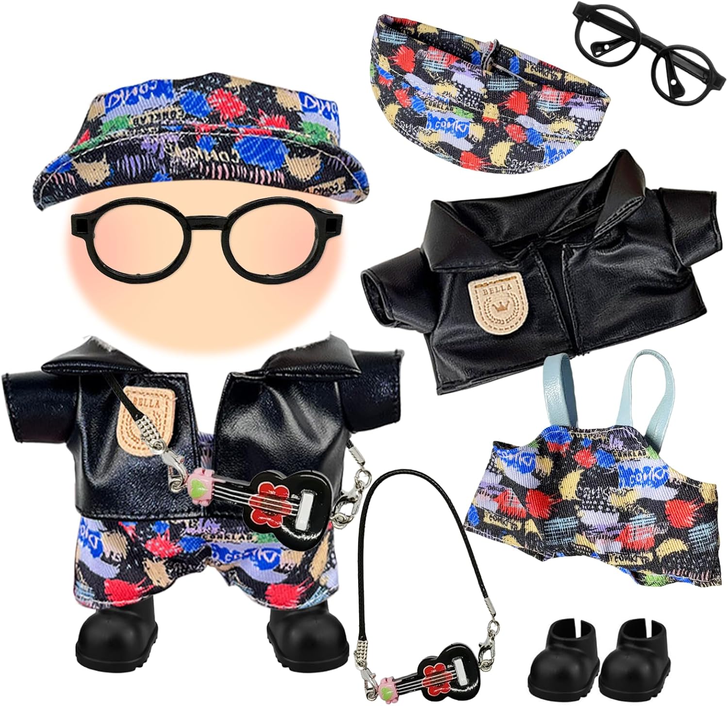6 Pcs Doll Clothes Set for 17cm Plush Toy Dolls, Black Rock Stylish Doll Outfits Accessories Include 1 Leather Jacket 1 Trousers 1 Hat 1 Glasses 1 Shoes 1 Guitar for 17cm Dolls, No Doll