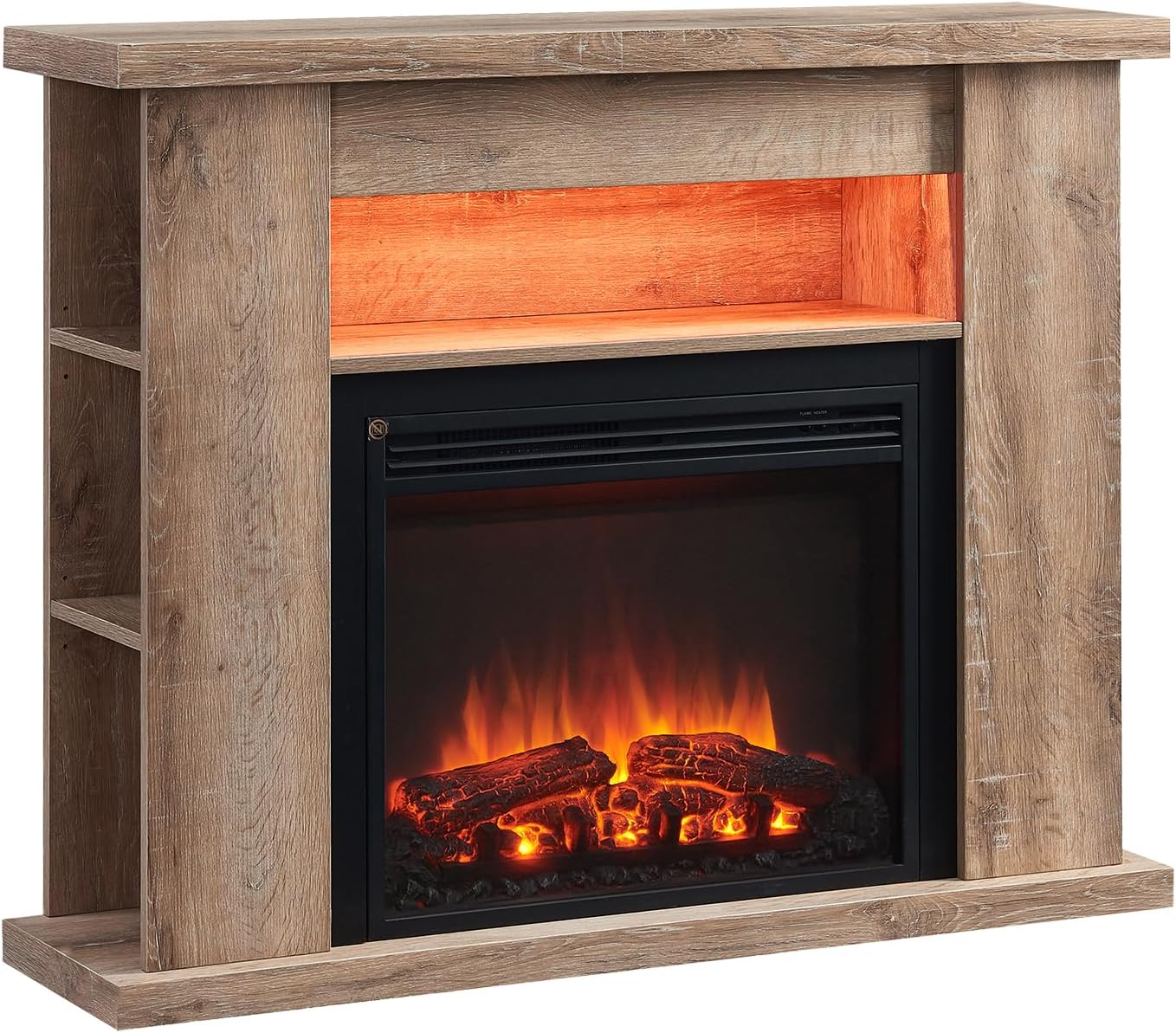 FLAMME 43" Lipson Electric Fireplace Suite Rustic Light Oak Colour with Storage Shelves Includes 2000w Heater with Glass Fronted Flame Effect, Remote Control