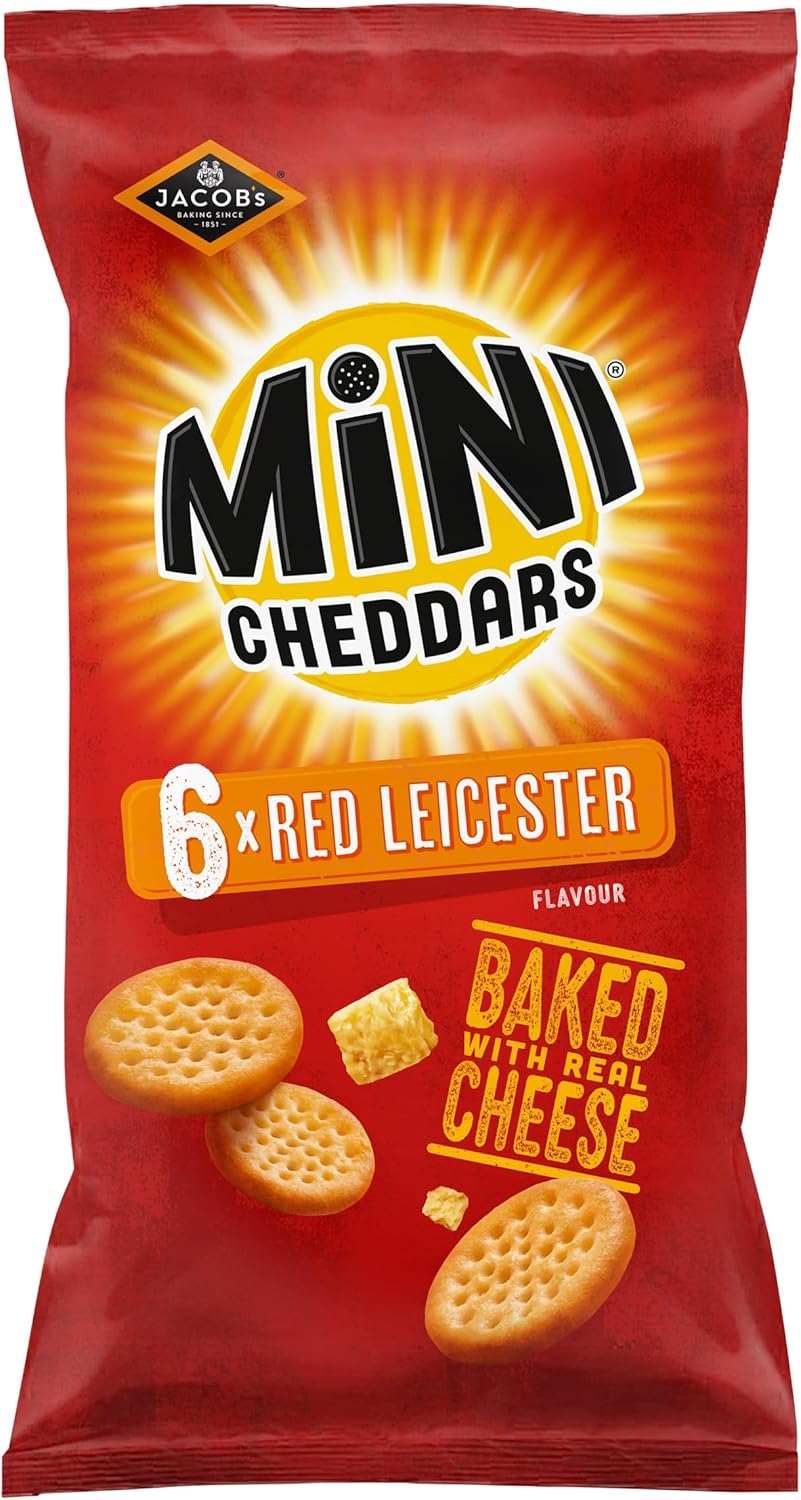 Jacob's Mini Cheddars Red Leicester Flavour Multipack Crisps, Baked with Real Cheese, 6 x 23 g Bags per Pack (Pack of 1)