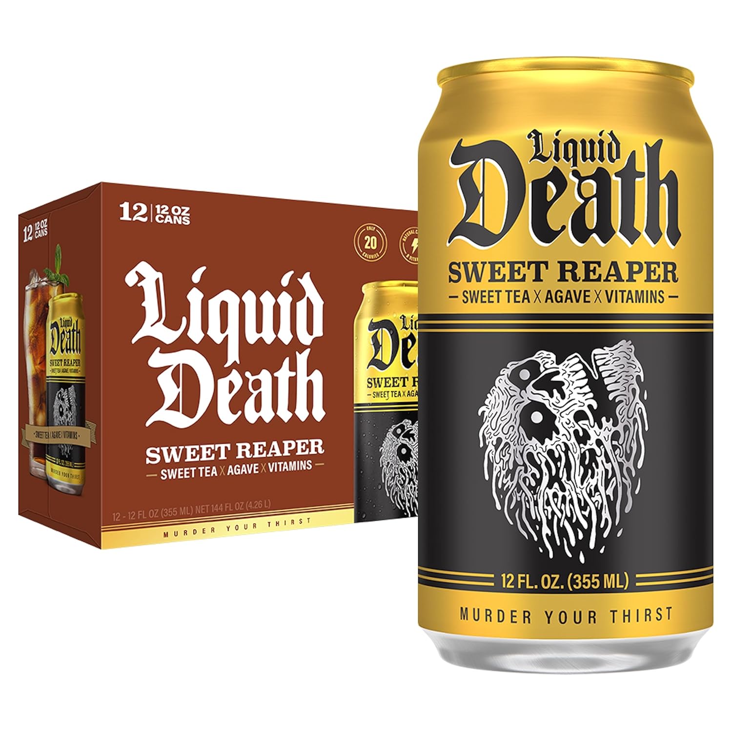 Liquid Death, Sweet Reaper Iced Tea, 12-Pack (12 oz Cans), Southern Style Sweet Tea, Low Calorie, No Artificial Sweeteners, B12 & B6 Vitamins