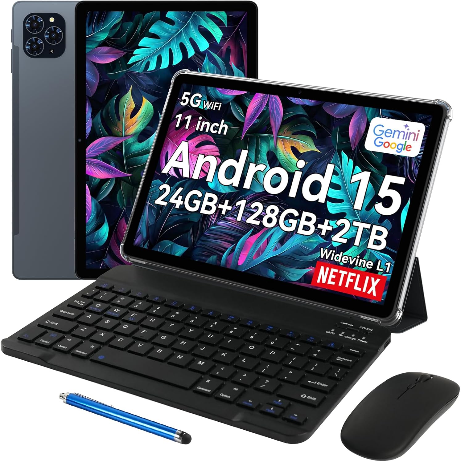 Tablet 2025 Latest Android 15 Tablet with 11 Inch FHD Display, 24GB RAM 128GB ROM /2TB TF, T615 Octa-Core+13MP Camera, 8000mAh, Widevine L1, 2 in 1 Tablets with Pen Keyboard Mouse, Gray