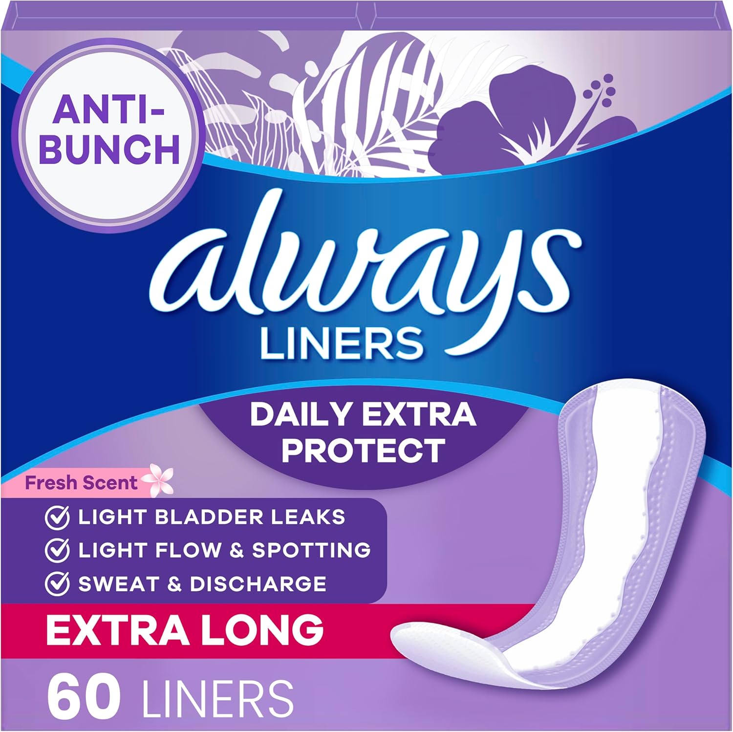 Always Daily Extra Protect Liners, Extra Long Length, Scented Panty Liners, 60 Count
