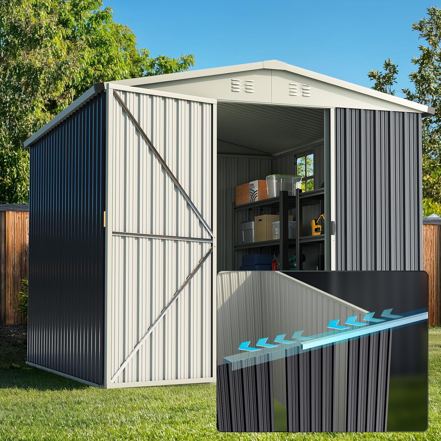 Quictent 8X6 FT Outdoor Metal Storage Shed, Easy Assemble, Lockable Tool Shed Waterproof Shed for Garden, Backyard, Lawn and Patio Scene with Combination Lock,Dark Gray(7.6X6.3 FT Base,No Floor)