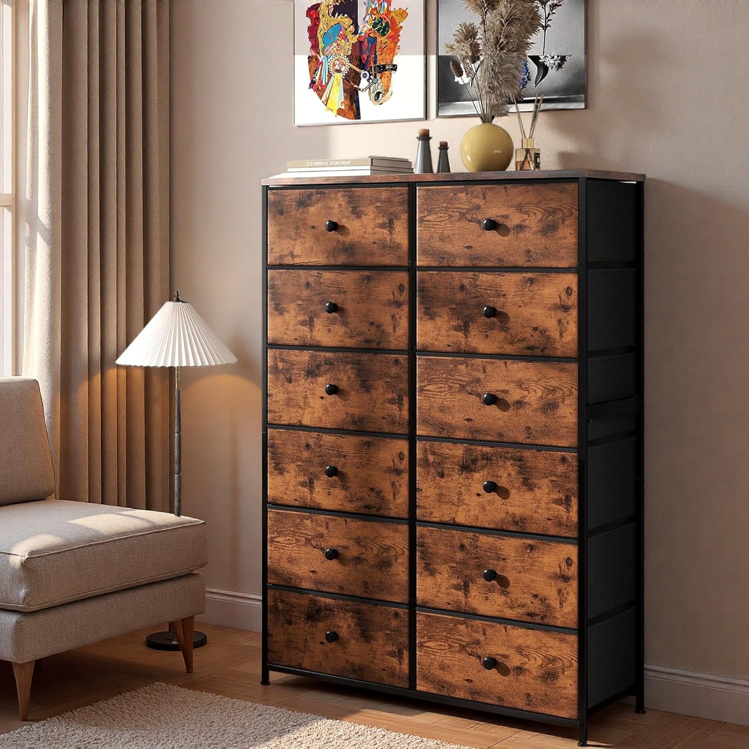 EnHomee 12-Drawer Fabric Chest of Drawers, 133CM Tall Bedroom Drawers Cabinet with Wood Top & Metal Frame, Space-Saving Dresser Organizer for Small Spaces, Bedroom, Closet - Rustic Brown