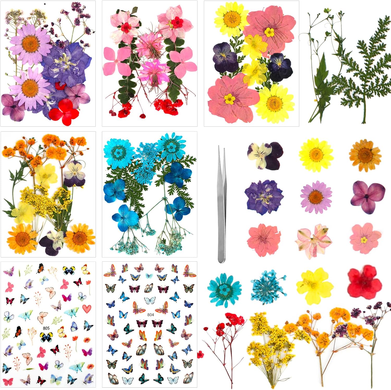 62 PCS Real Dried Pressed Flowers Natural Dried Pressed Flowers Leaves with Tweezers and Butterfly Stickers Colorful Real Dried Flower for Resin Crafts Candle Making Gift Card