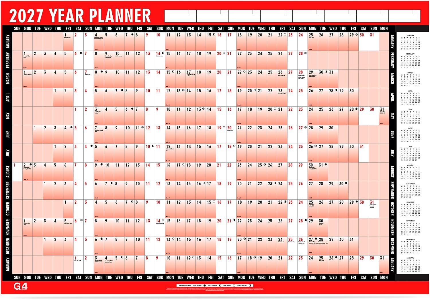 G4GADGET 2027 A1 Wall Planner – Extra Large Year Calendar (85cm x 58cm), Laminated & Unmounted with Stickers and Dry Wipe Pen – Yearly Wall Chart for Home, Office, School & Business Use