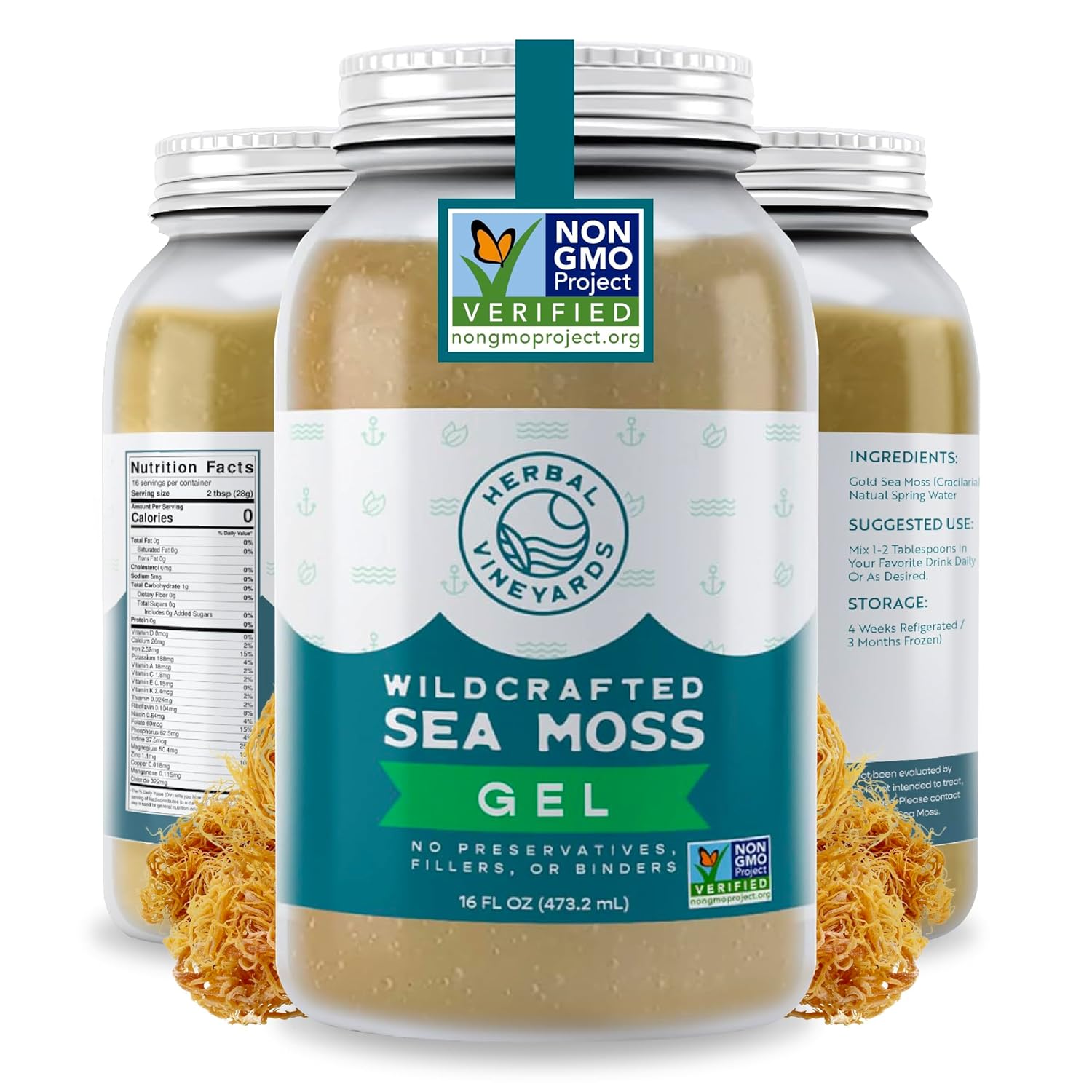 Herbal Vineyards Wildcrafted Irish Gold Sea Moss Gel 16 Oz - Organic Seamoss Gel Made with Dried Seaweed & Fresh Sea Vegetables, Natural & Plant-Based, Harvested in Pristine Waters, USA