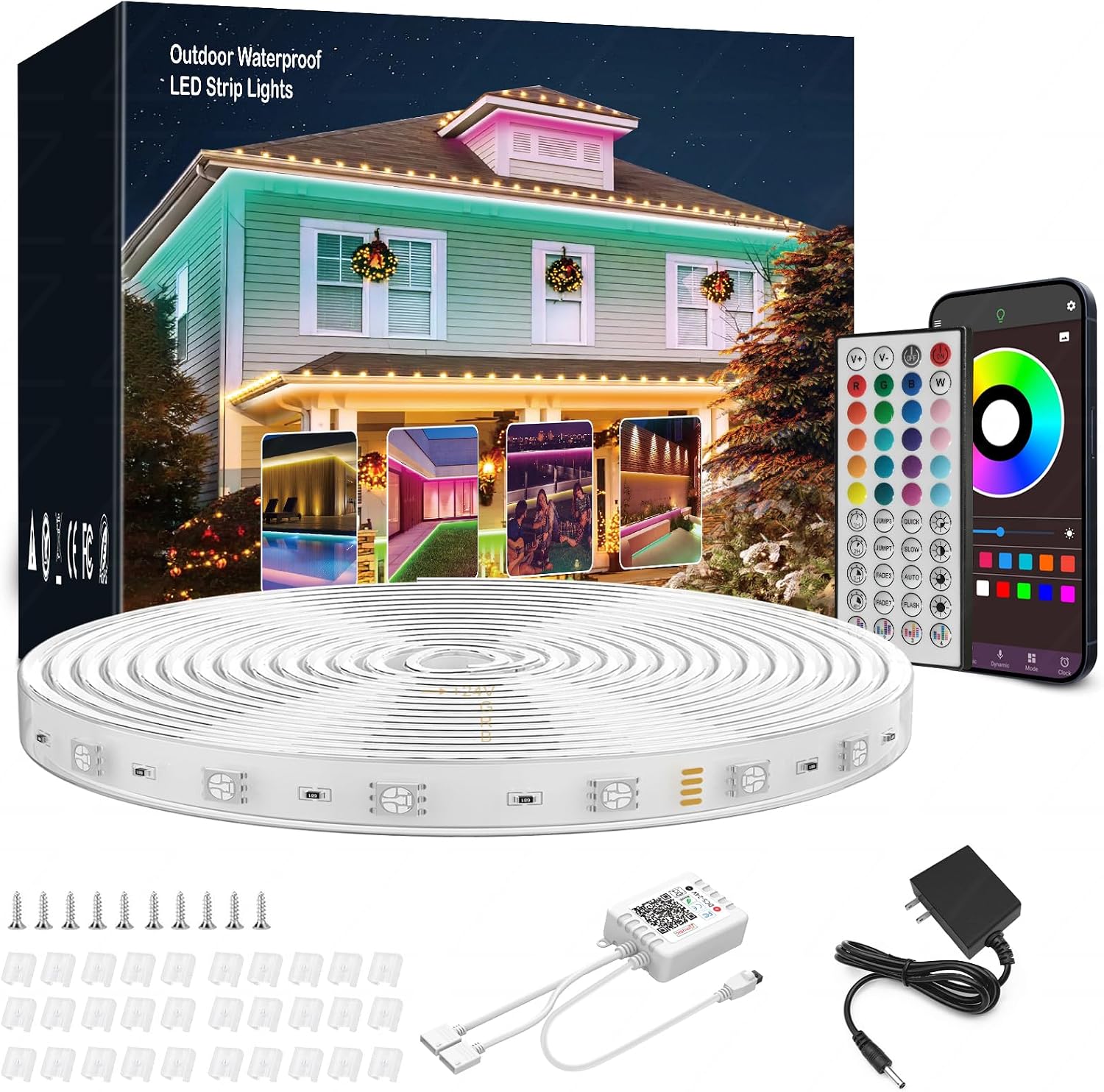 Outdoor Led Strip Lights Waterproof 100ft (1 Roll) Ip68 Waterproof Led Light Strips with Remote, App Control, Music Sync RGB Led Rope Lights Outdoor Led Lights Waterproof for Roof Deck Balcony