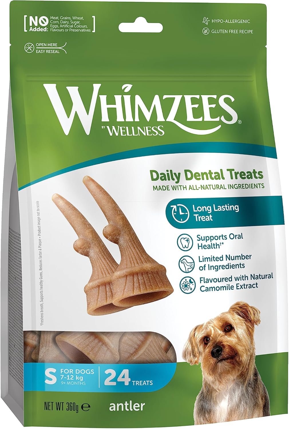 WHIMZEES Antler S, Occupying Dental Treat with Calming Effects for Small Dogs (7-12kg), All-Natural, Grain-Free, 24 pieces