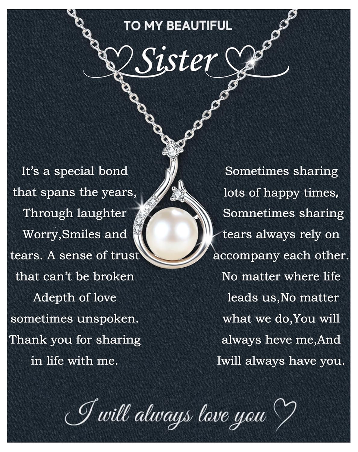 Sister Gifts From Sister Necklaces For 2 Girls Big Sister Little Sister Birthday Gifts 925 Sterling Silver Christmas Gifts With Message Card &Gift Box (686-Pearl)