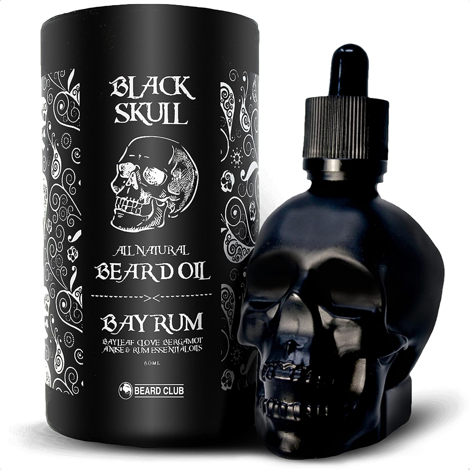 Beard Club Black Skull Beard Oil 60ml - Bay Rum Scented Beard Oil for Men - Beard Softener for Men with Argan Oil for Beard Conditioning and Maintaining - Natural Mens Beard Oil Skull Moustache Oil