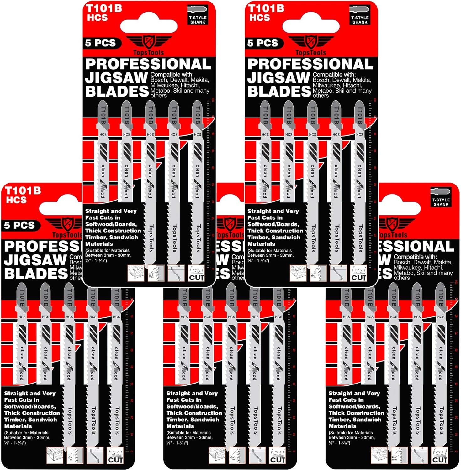 25 x TopsTools T101B 100mm Jigsaw Blades Designed for Clean Cuts in Wood