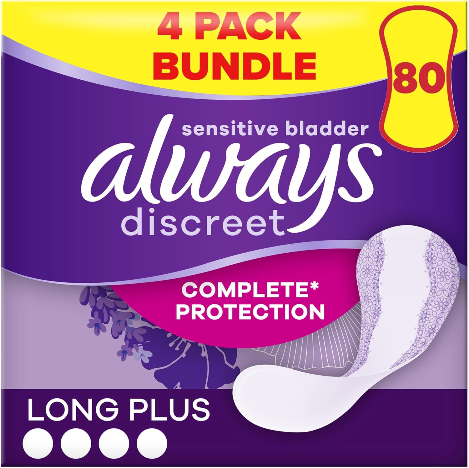 Always Discreet Incontinence Liners Women Long Plus 20 Panty Liners, (Pack of 4) Lock in Leaks and Odours, for Sensitive Bladder