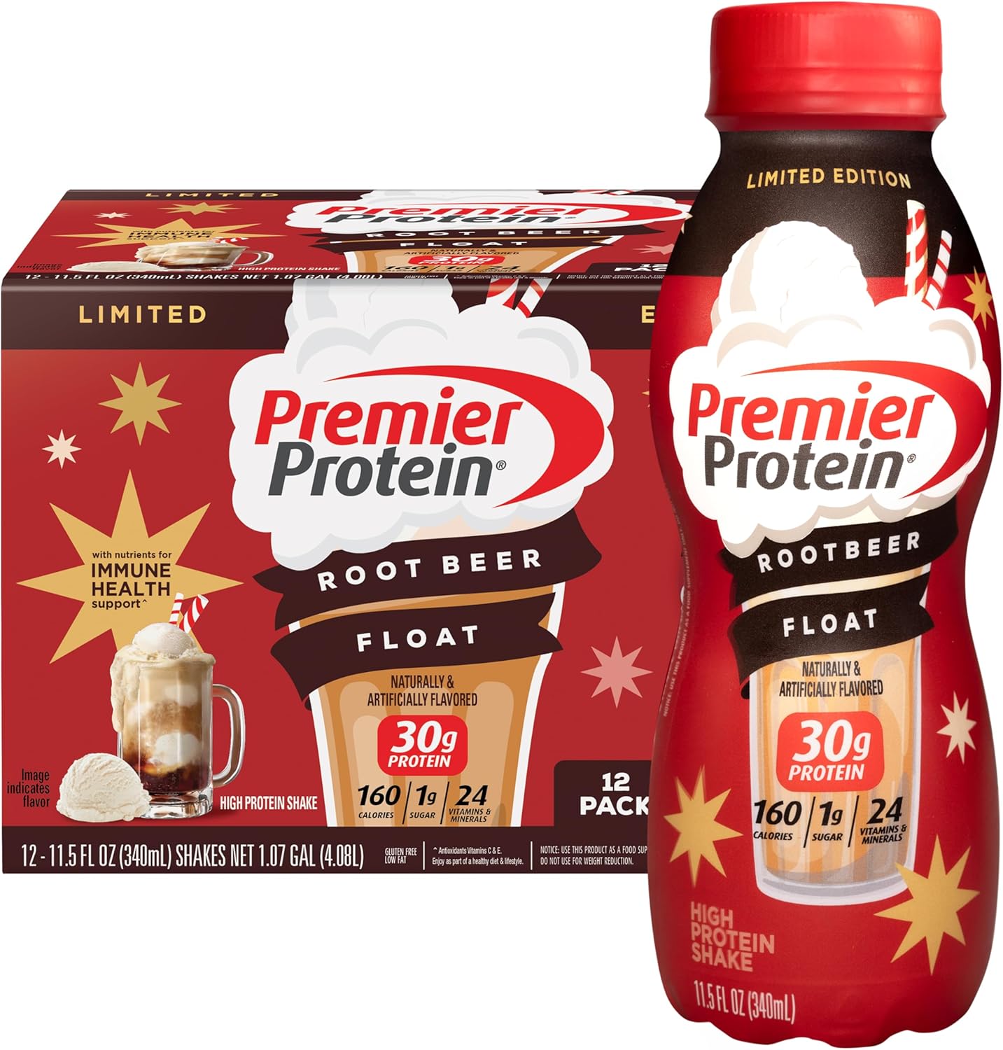 Premier Protein Shake, Limited Edition Root Beer Float, 30g Protein, 1g Supar, 24 Vitamins & Minerals, Nutrients to Support Immune Health, 11.5 oz, 12 Pack - Artwork Case, Packaging May Vary
