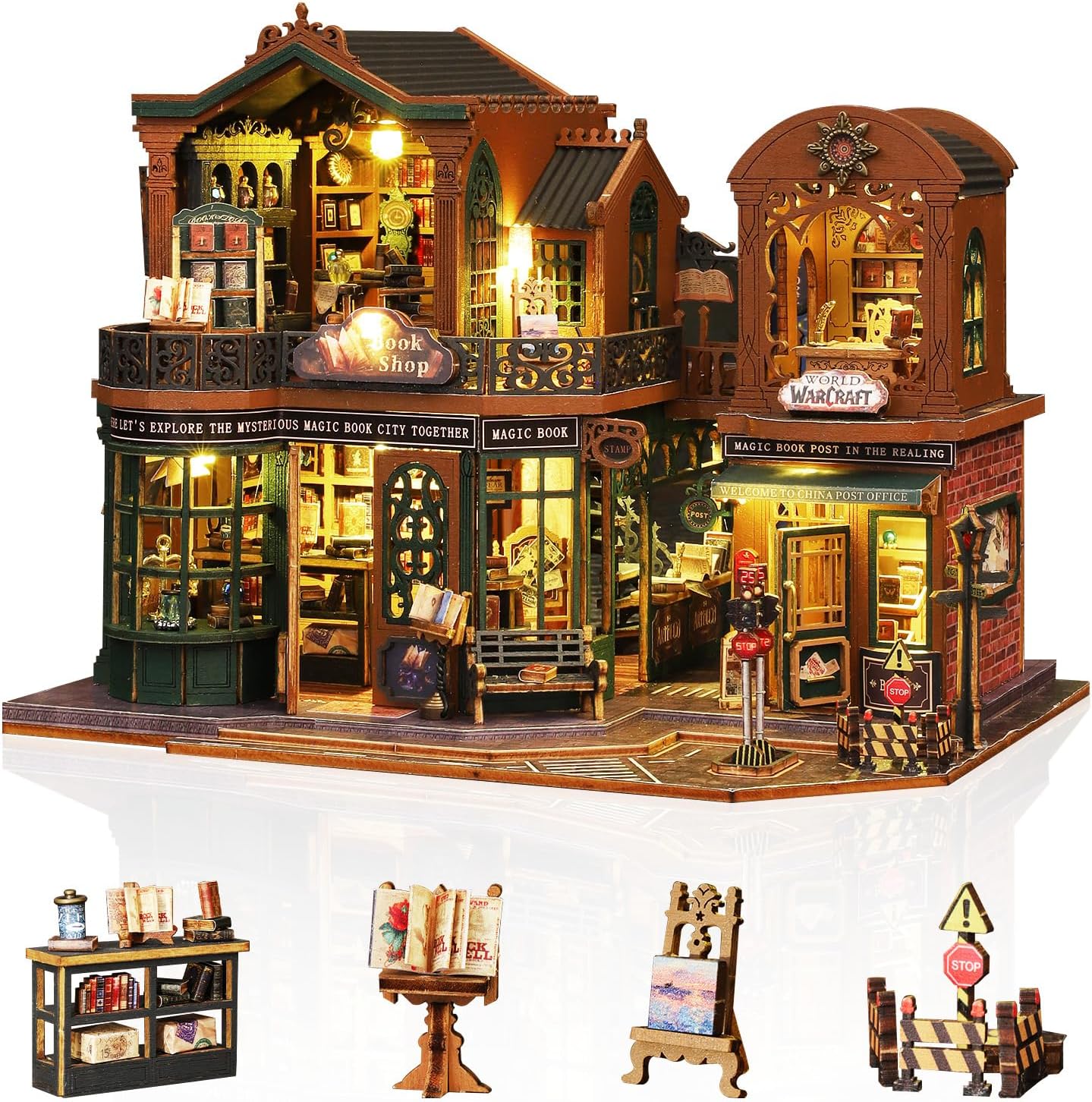 Cuteefun DIY Miniature House Kits, Wooden Dollhouse with LED, Tiny House Kit with Furniture for Adults to Building, Creative Handmade Unique Gift for Birthday Christmas Day (Twilight Book City)