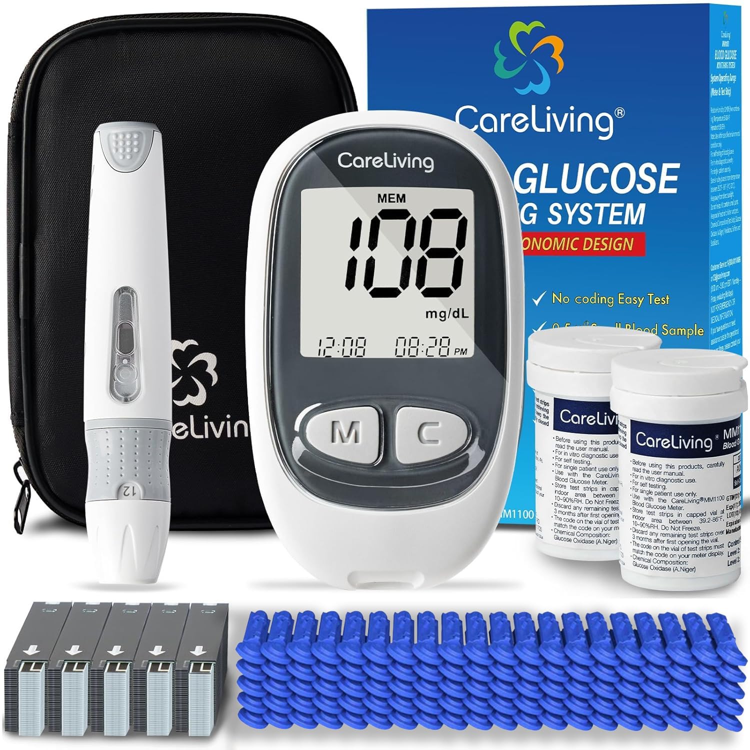 MM1100 Blood Glucose Monitor Kit with 100 Test Strips, 100 Lancets, 1 Blood Glucose Meter, 1 Lancing Device, Diabetes Testing Kit, Portable Blood Sugar Test Kit, Glucometer Kit for Home