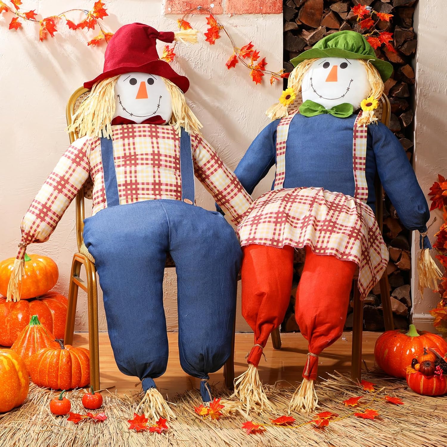 2 Pcs 64 Inches Harvest Sitting Scarecrow Large Scarecrow Garden Scarecrows for Indoor Outdoor Fall Harvest Halloween Thanksgiving Decoration Front Yard Porch Outside Decor