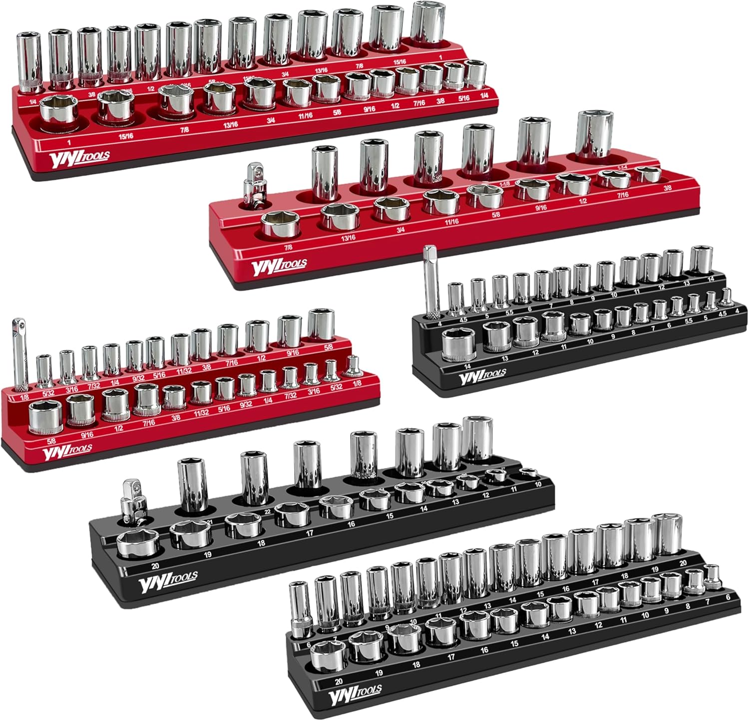 Magnetic Socket Organizer Set, 6Pc Magnetic Socket Holder, 1/2", 1/4" and 3/8" SAE & Metric Socket Trays, Holds 143 Sockets