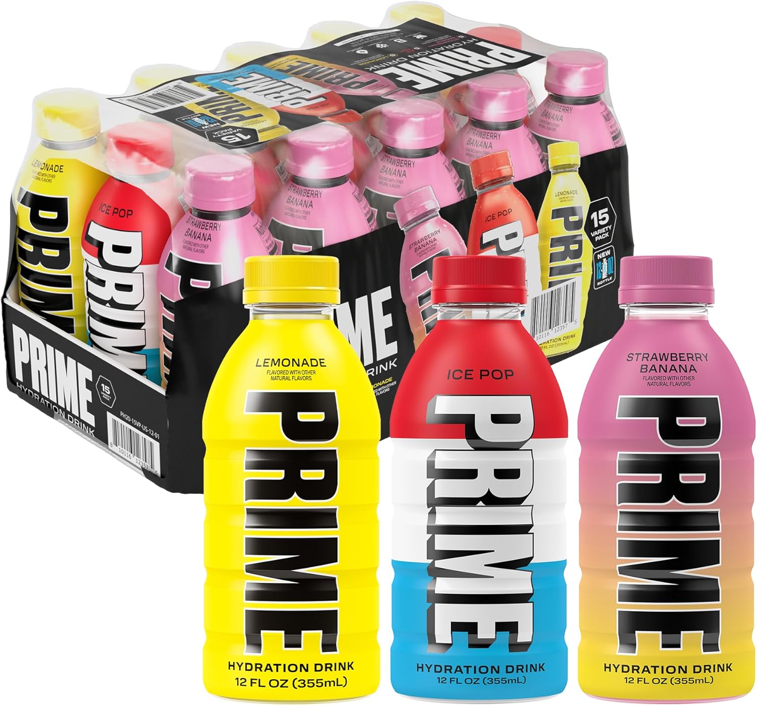 PRIME HYDRATION Variety - ICE POP, Strawberry Banana, Lemonade, Sports Drinks, Electrolyte Enhanced for Ultimate Hydration, 250mg BCAAs, B Vitamins, Antioxidants, Low Sugar, 12 Fl Oz, 15 Pack