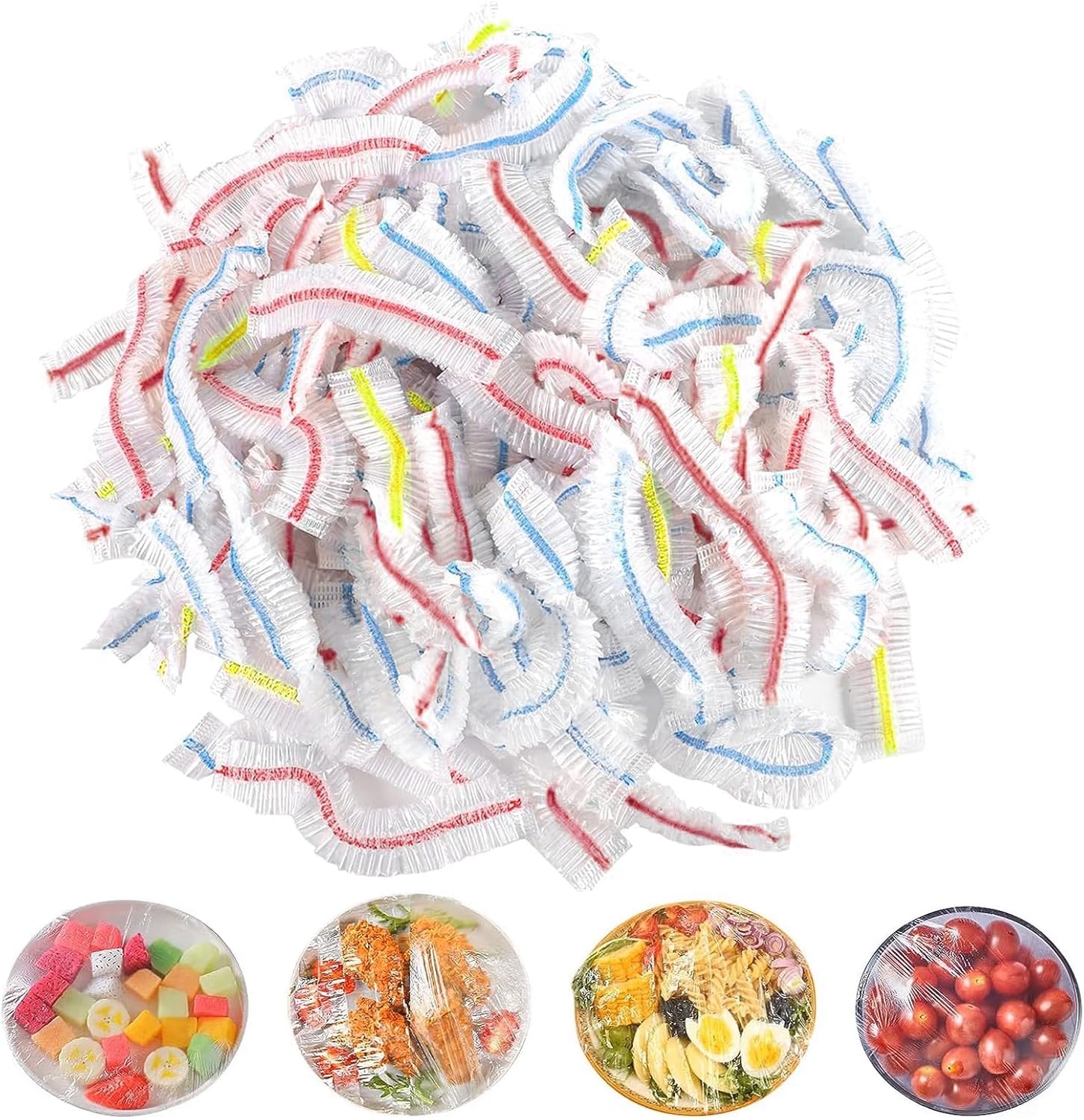 150 Pack Colorful food cover, Food Covers Plastic Stretch, Bowl Covers, Food Storage Covers Lids, Universal Elastic Stretch Polyethylene Bowl Lids Kitchen Supplies for Fruit/Vegetable/Meat/Food.