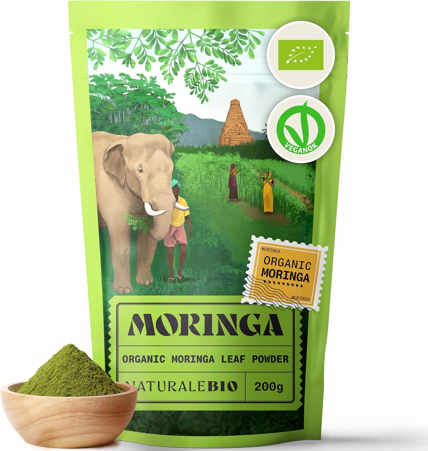 NaturaleBio Organic Moringa Powder - Premium Quality - 200g. Bio, Natural and Pure. Leaves Picked from The Moringa Oleifera Plant for Tiredness, Immune System, Muscle Function, Fatigue
