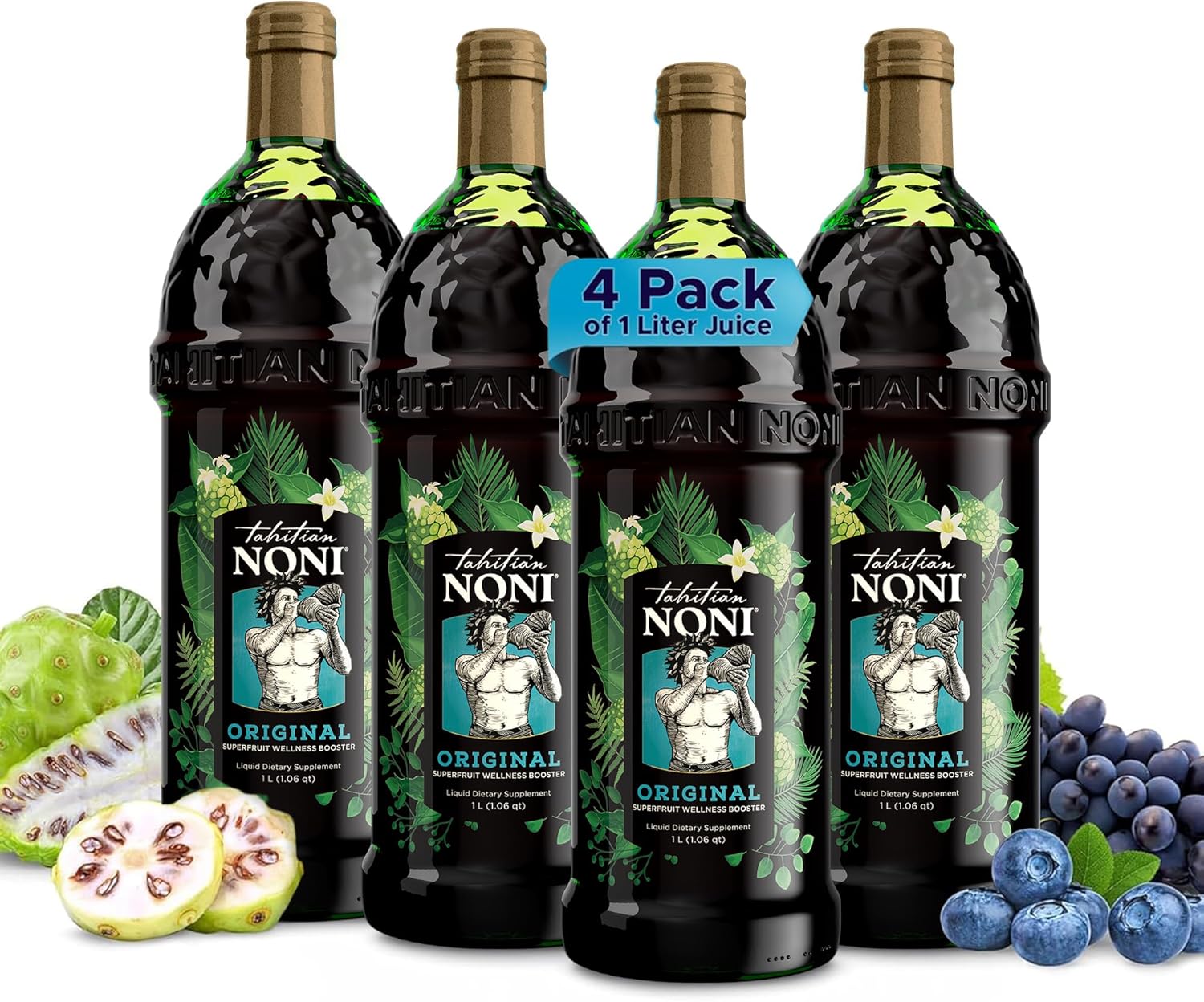Tahitian Noni Juice by Morinda – Original Pure Noni Fruit Blend with Blueberry, Grape Extracts – Healthy Superfood Vitality Daily Wellness Drink – 4 Pack of 1L Bottle