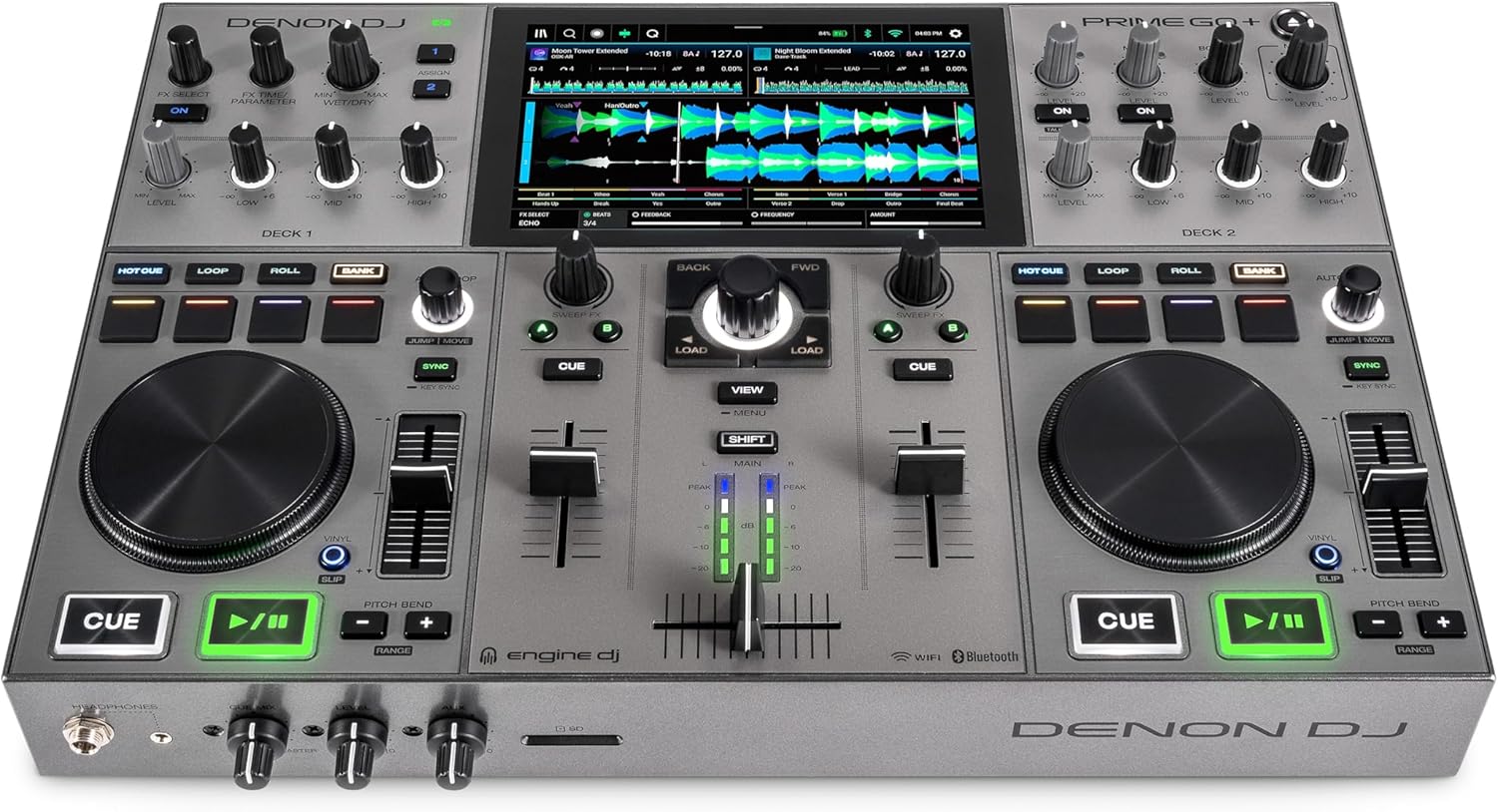 Denon DJ PRIME GO+ Portable DJ Controller and Mixer with Stem Separation, 2 Decks, Wi-Fi Streaming, Bluetooth, Lights Control, 7" Screen and Battery