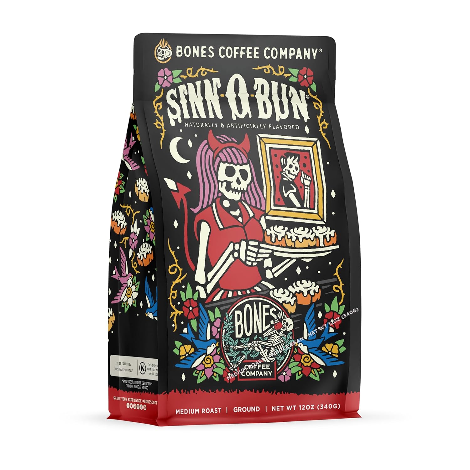 Bones Coffee Company Sinn 'O' Bun Cinnamon Bun Flavored Coffee, Medium Roast Low Acid, 12 Oz Ground