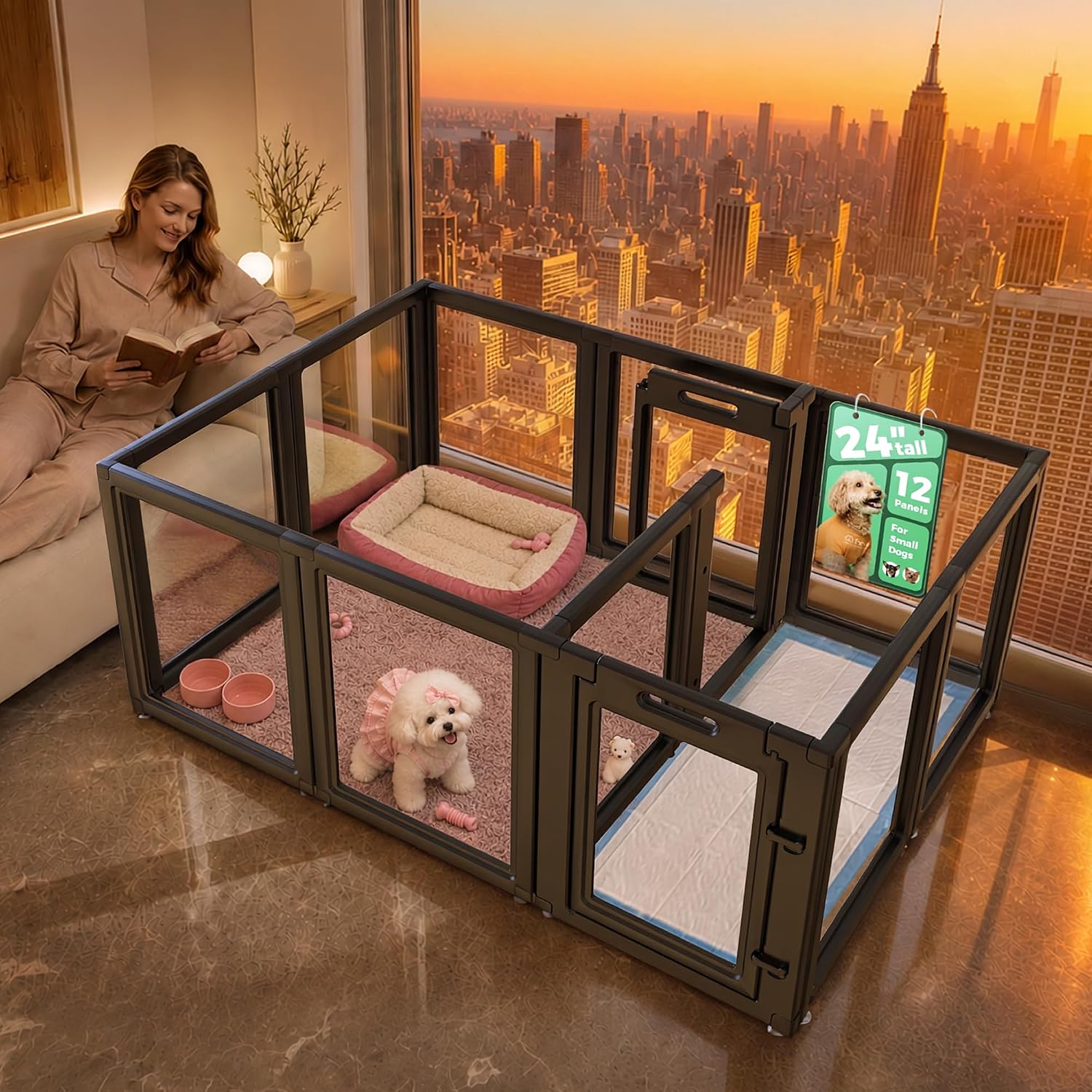 FXW AuraSpace Clear Acrylic Indoor Dog Playpen, 24" H, 12 Panels, Black