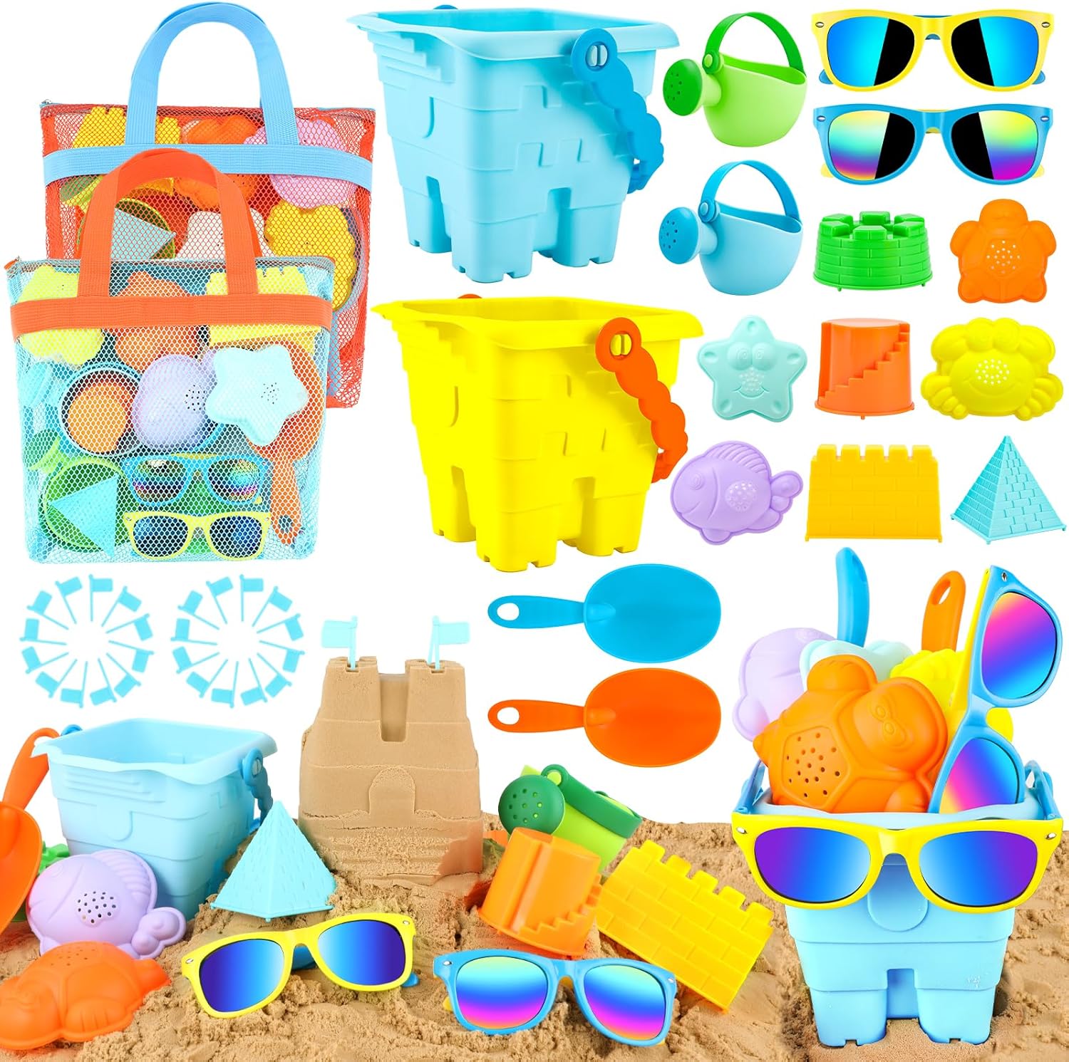 Luucio 42 PCS Beach Toys and Sand Toys, Sandbox Toys Beach Toys for Kids 3-10, Kids Beach Toys with Sand Bucket, Mesh Bags, Kids Sunglasses, Sand Castle Toys for Beach, Sand Toys for Toddlers Age 3-5