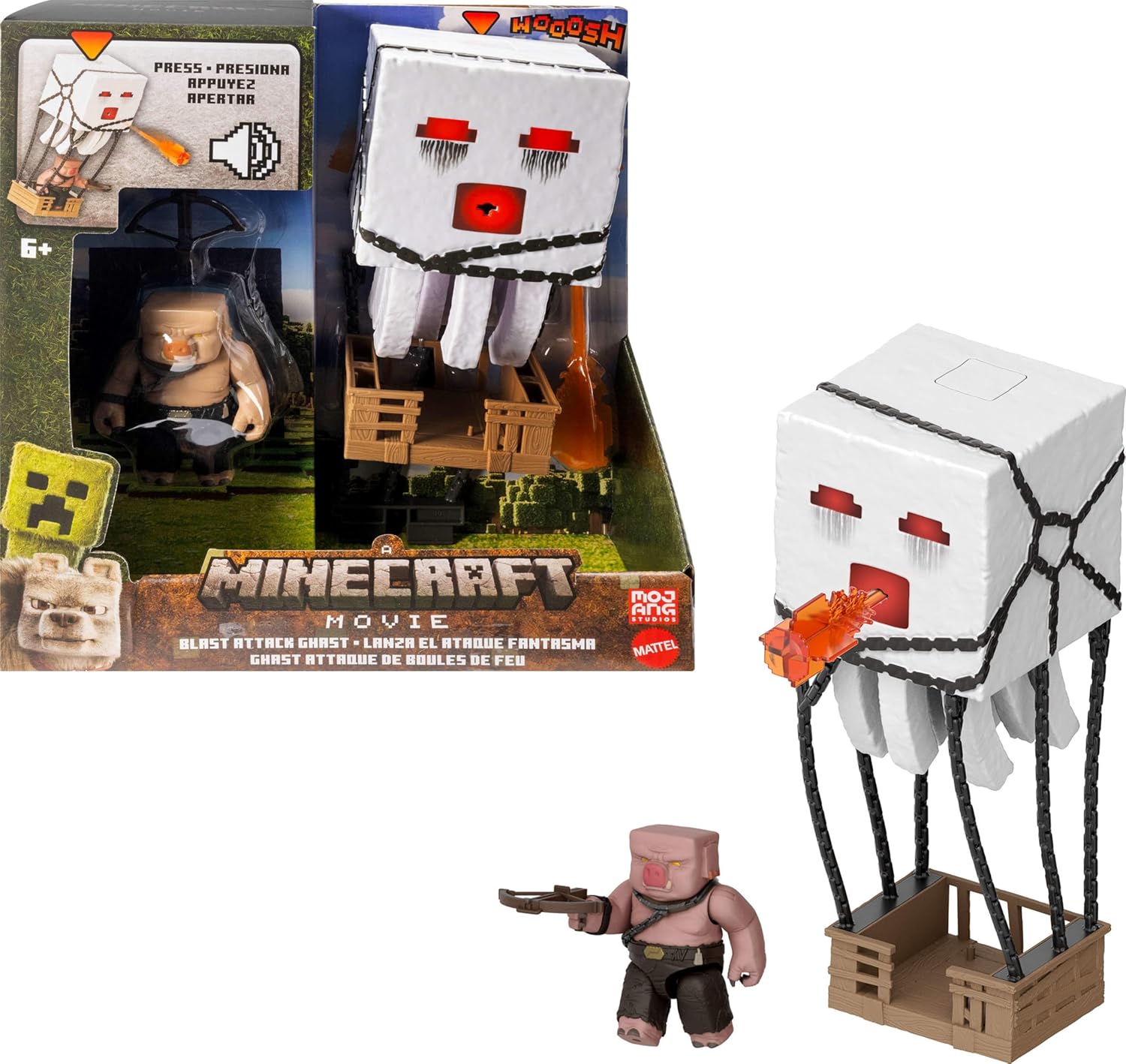 Mattel Minecraft Action Figure Set, Blast Attack Ghast with Lights, Sounds, Launcher & Projectile, Plus Piglin Warrior Inspired by The Movie