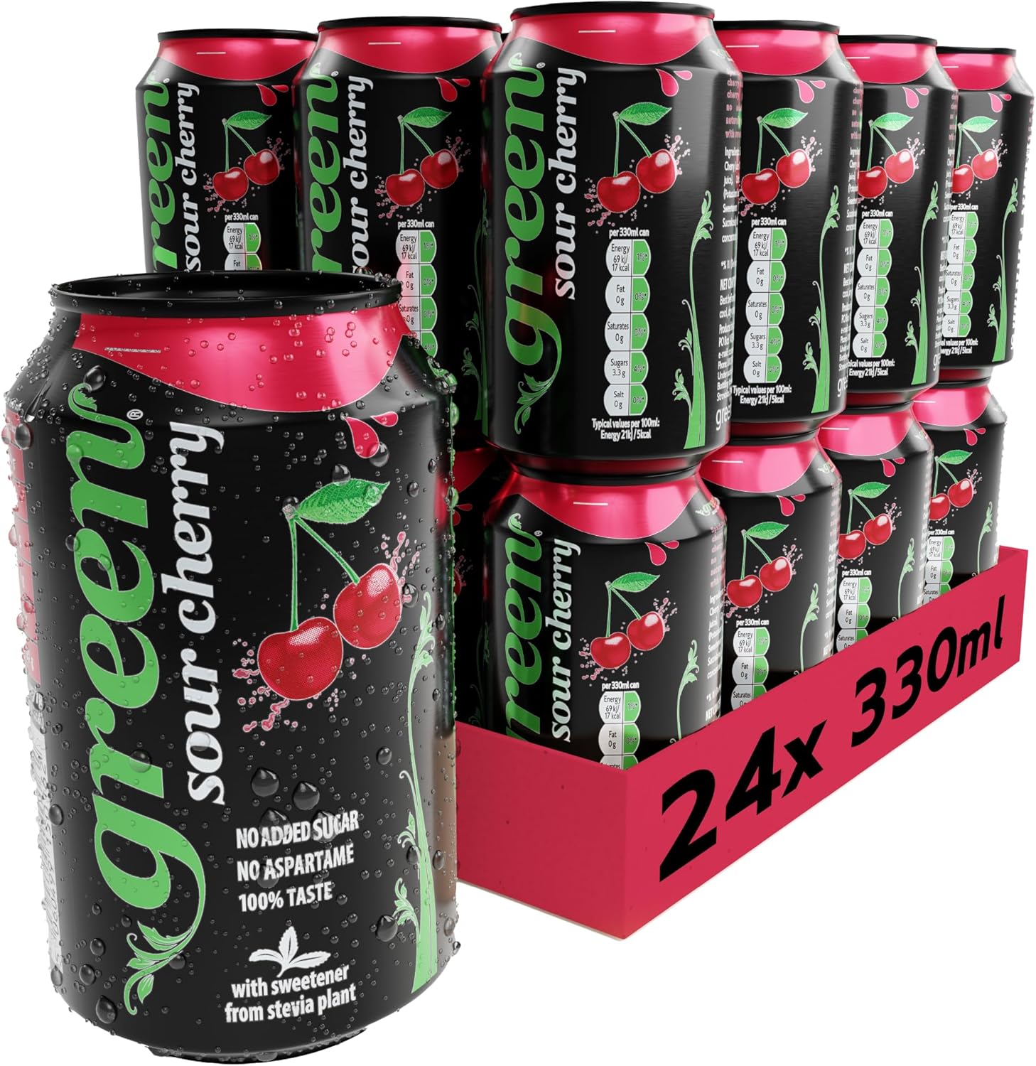 Green Sour Cherry - Low Calorie Soft Drinks - Sparkling Cherry Flavour with 10% Natural Juice - No Added Sugar, Sweetened with Stevia, No Aspartame - Alternative Fizzy Drink - Bulk Pack 24 Cansx330ml