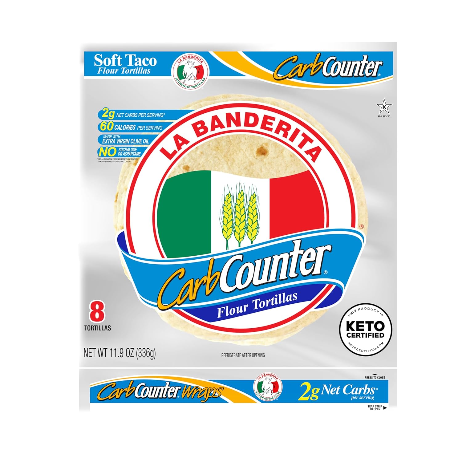 La Banderita Carb Counter® White | 8" Size Flour Tortillas |Carb Friendly |Keto Certified | 11.9 oz.| 8 Count (Pack of 12)