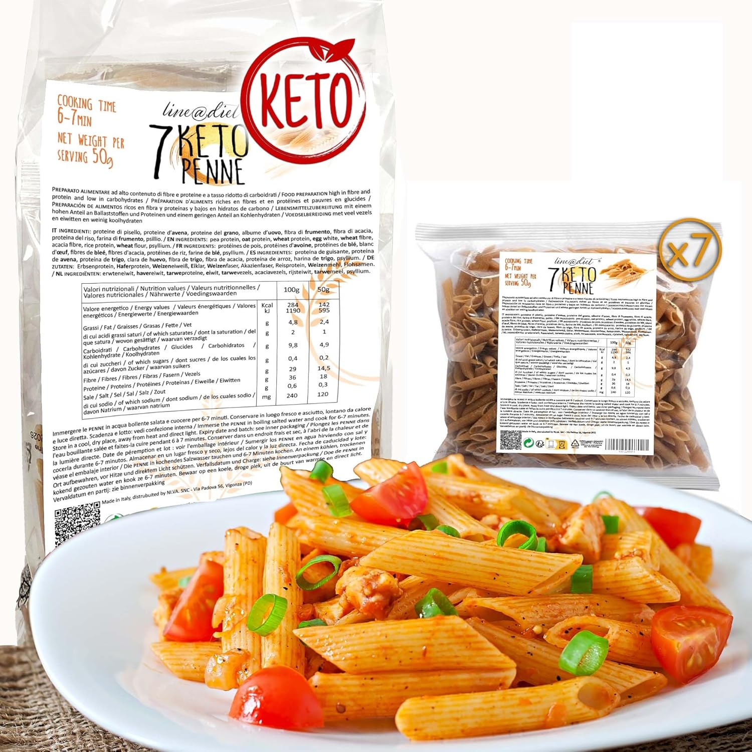 Penne Keto Line@diet - Protein pasta low in carbs and sugars, ideal for a keto diet - 7 single servings of 50g - 18g protein, less than 5g carbs and 0.2g sugars per serving - made in Italy