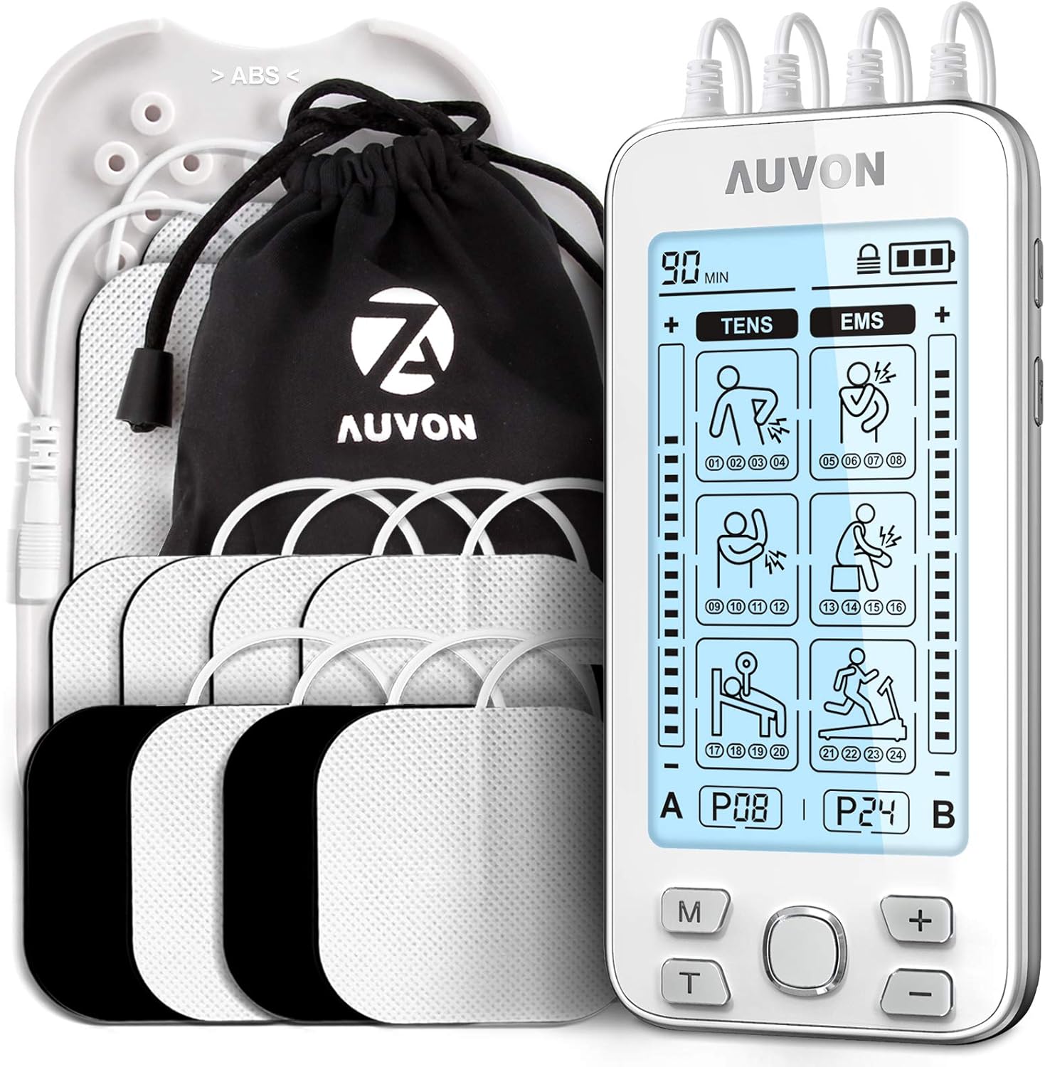 AUVON 4 Outputs TENS Machine for Pain Relief, TENS EMS Muscle Stimulator with 24 Modes, 2" and 2"x4" TENS Electrodes Pads