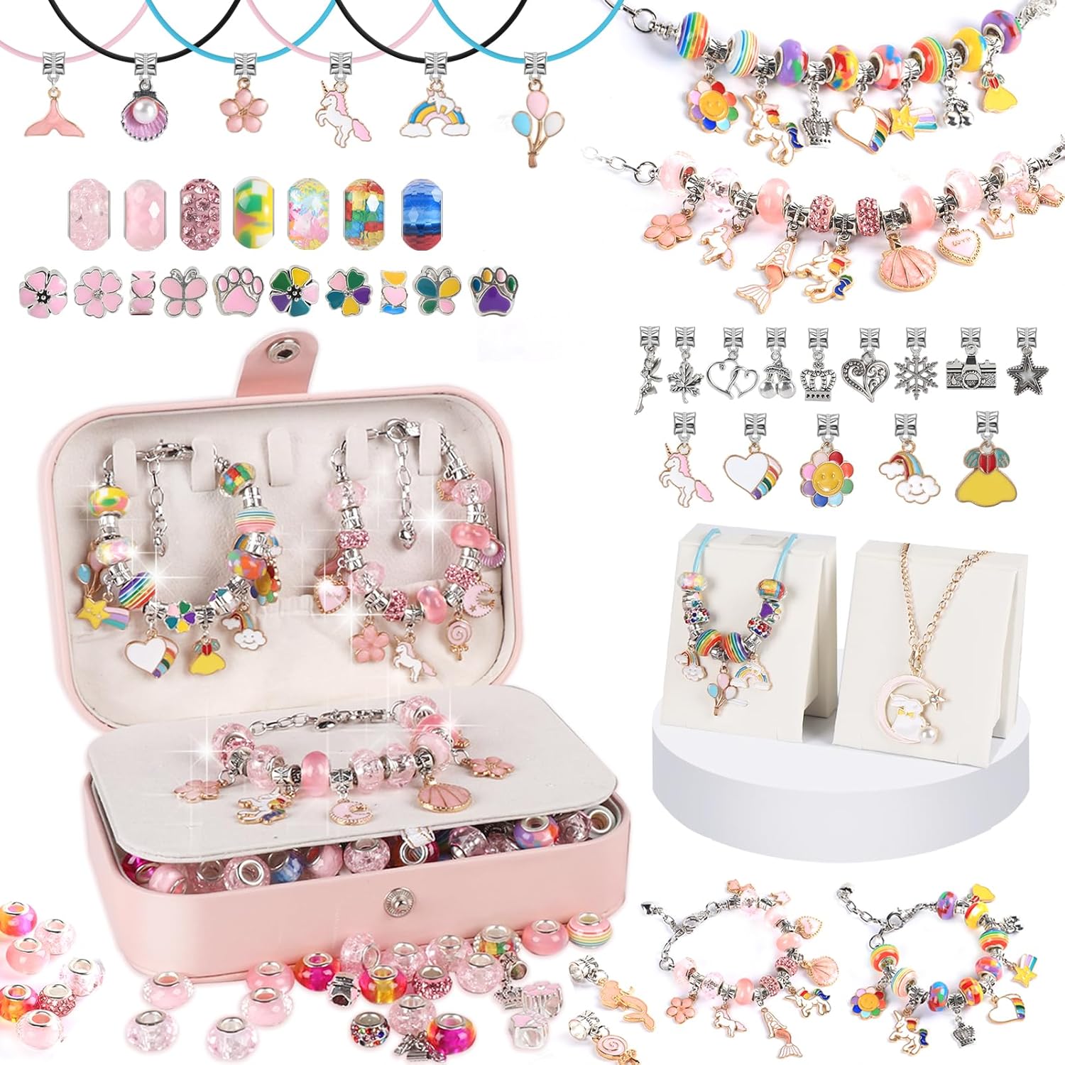 YJK Charm Bracelet Making Kit for Girls, for Aged 5 6 7 8 9 10 11 12 Year Old Girl Birthday Gift Ideas! Jewelry Making Kit for Girls 8-12, Bracelet Charms for Bracelet Making, Charm Necklace Kit