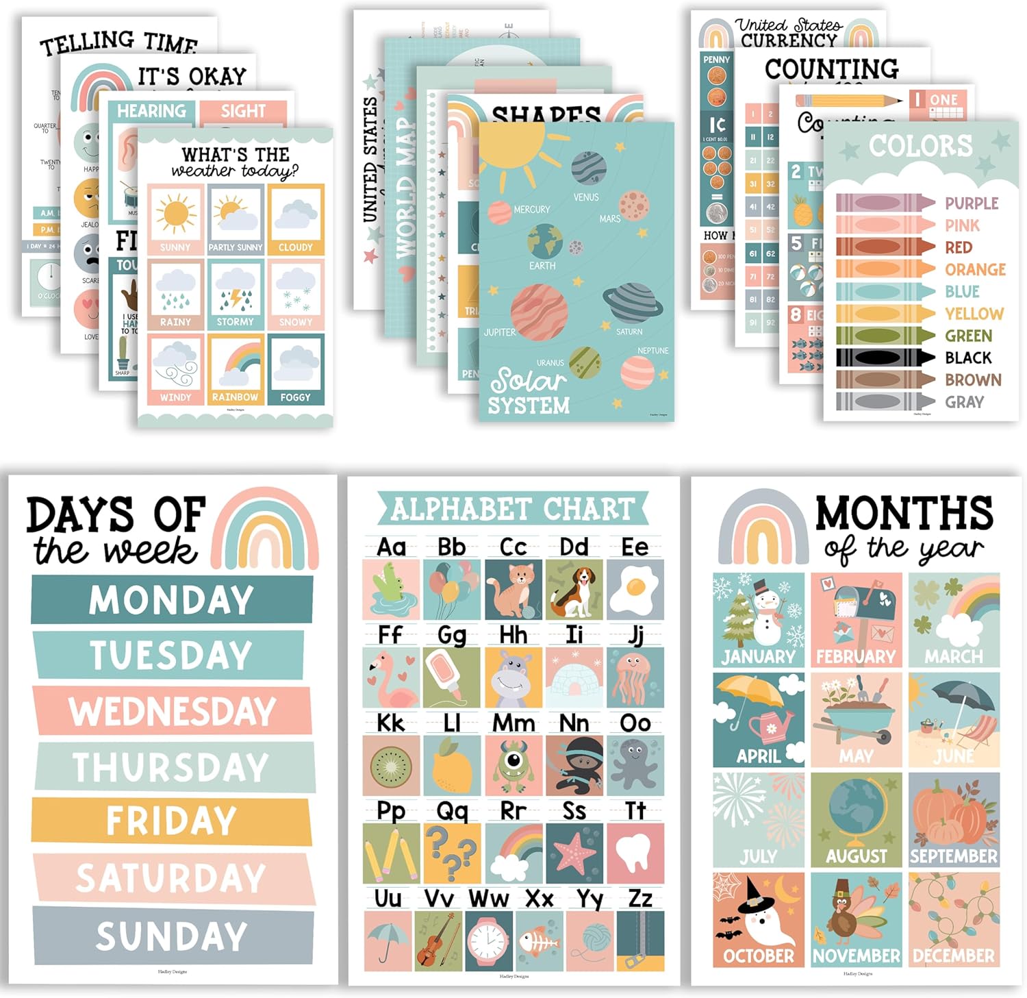 Hadley Designs 16 Educational Posters for Toddlers 1-3, Laminated Toddler Learning Posters for Preschool & Kindergarten, ABC Chart, Numbers, Colors, Shapes, Days of The Week, Boho Classroom Decor