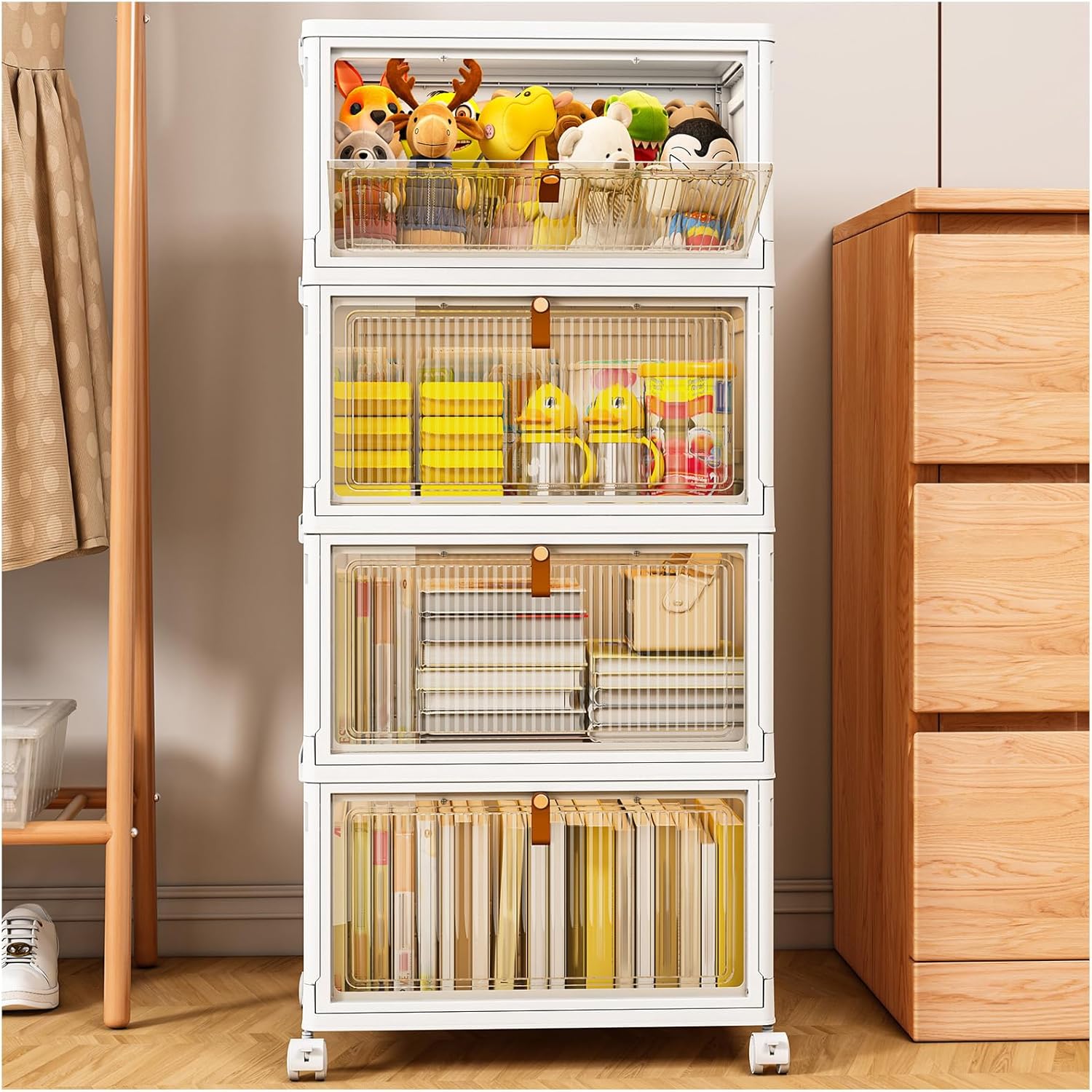 TidyTrove Storage Boxes with Lids, Plastic Storage Boxes with 1 Lid 28L/Tier, 4-Tier Stackable Storage Boxes with Wheels, Folding Storage Bins, Storage Organizer for Bedroom Living Room Study Office