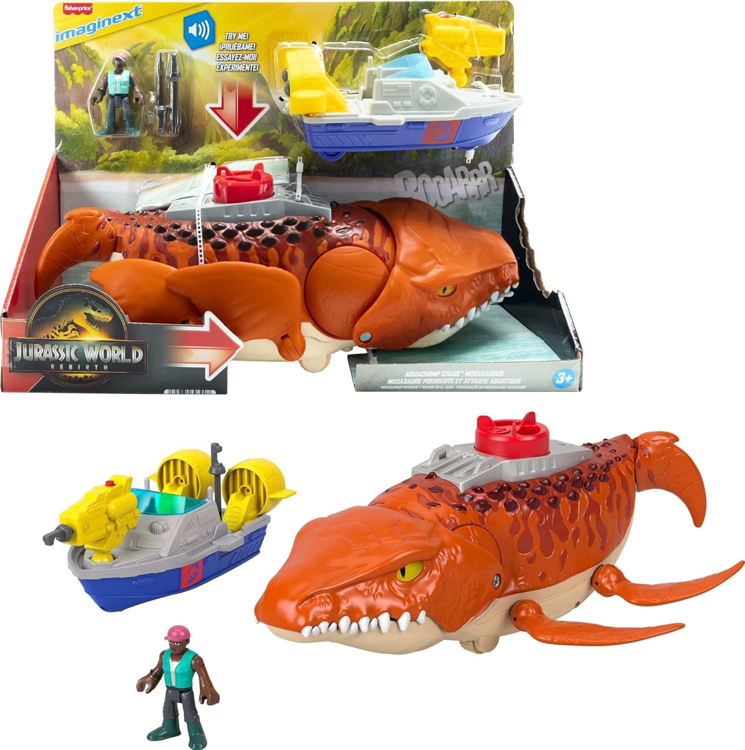 ​Fisher-Price Imaginext Jurassic World Rebirth Aquachomp Chase Mosasaurus 18-inch Dinosaur Toy with 3-inch Action Figure, Launcher Boat & 2 Projectiles, JFR23