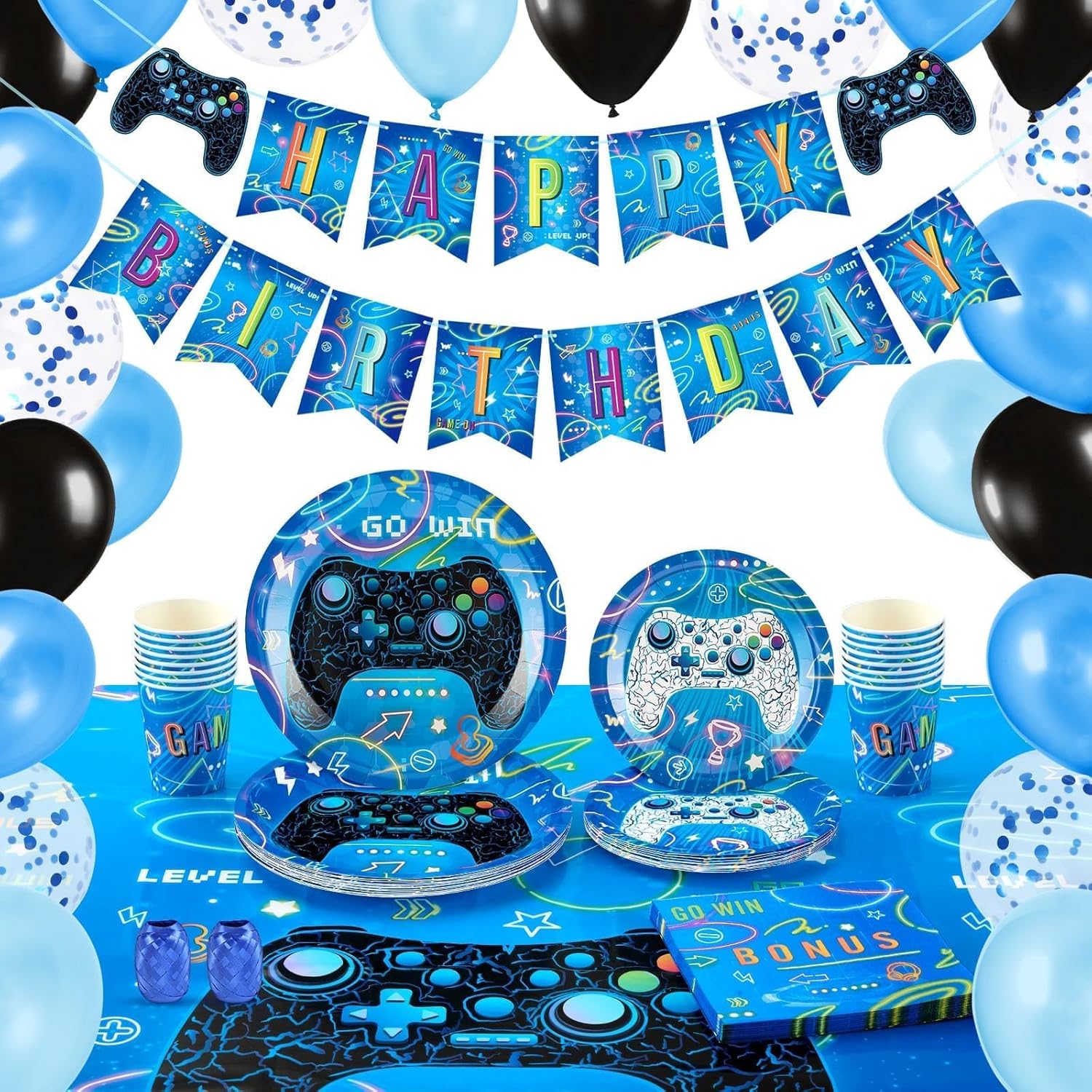 Video Game Party Supplies Set - 88 PCS Gamer Birthday Party Decorations for Kids Boys Family Gaming Night Tableware Set Happy Birthday Banner Tablecloth Plates Napkins Cups Balloons Serves 16 Guests