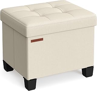 SONGMICS Storage Ottoman, Small Ottoman Foot Rest with Legs, 12.6 x 15.8 x 13.2 Inches Foot Stool, Ottoman with Storage, Load up to 660 lb, for Living Room, Bedroom, Dorm, Cream White ULSF012W01