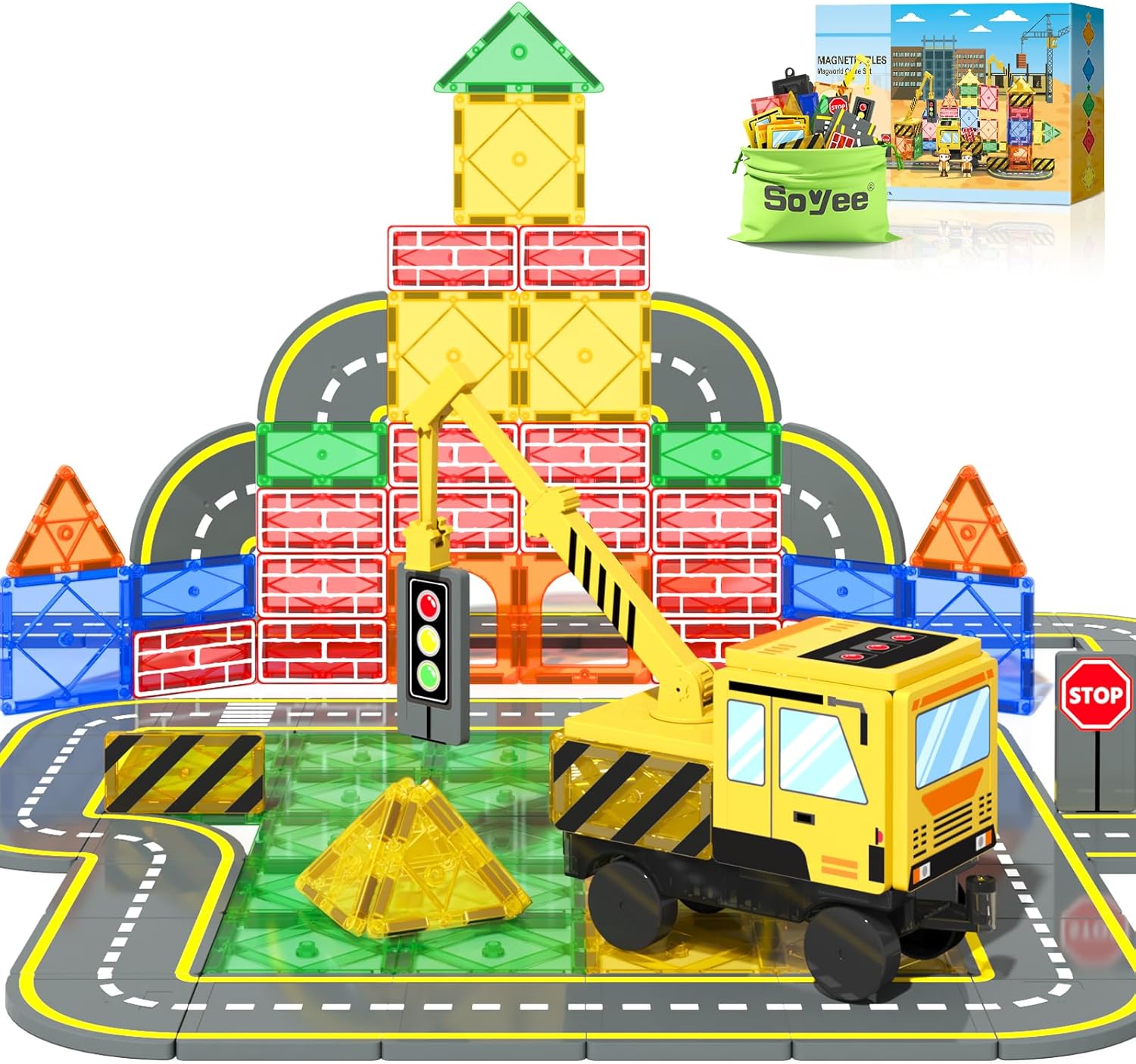 Magnetic Tiles Magnetic Building Blocks Crane Truck STEM Building Toys for Kids 3 4 5 6 7 8 Year Old Boys Girls Birthday Xmas Gifts