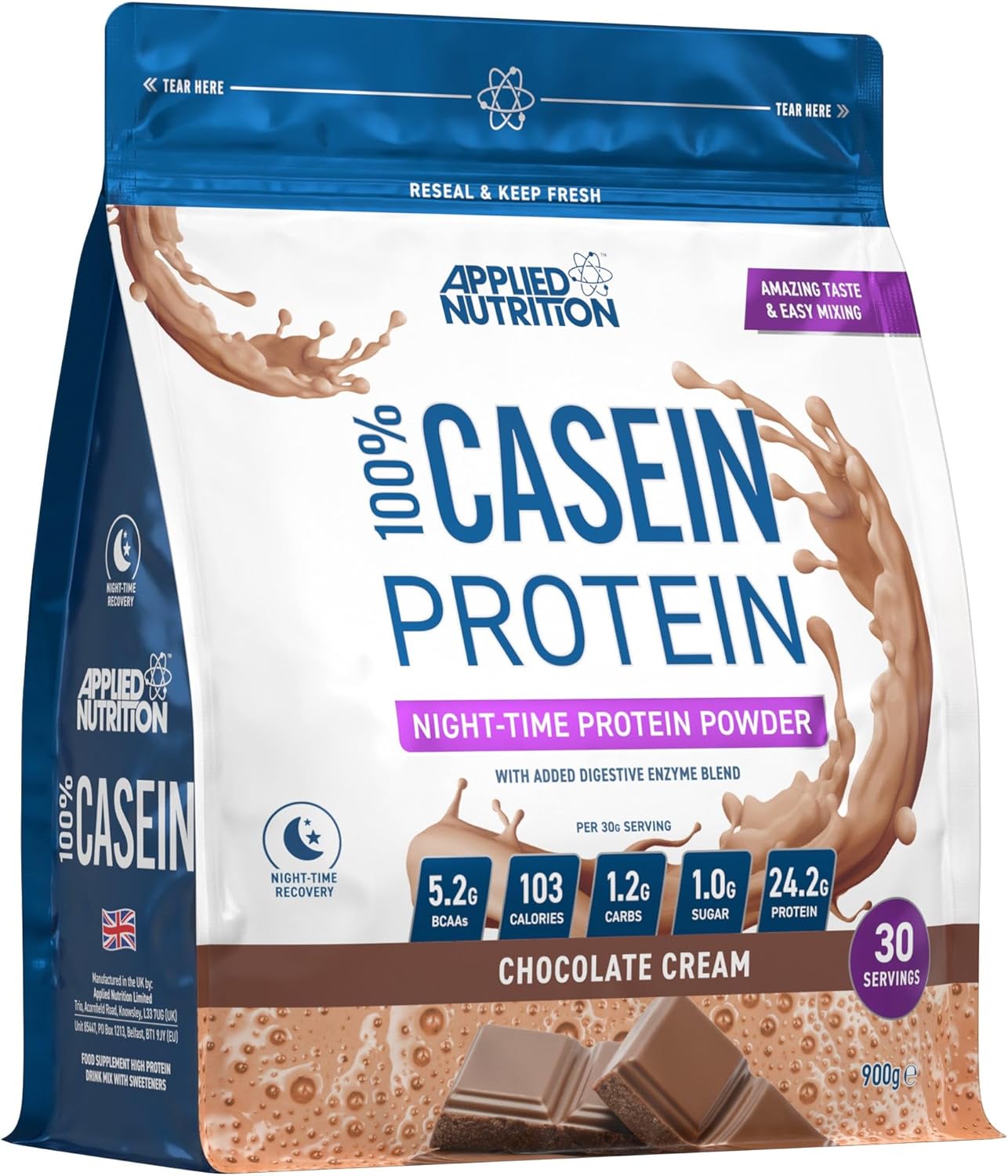 Applied Nutrition Casein Protein Powder - Micellar Casein Supplement, Slow Release Protein (900g - 30 Servings) (Chocolate Cream)