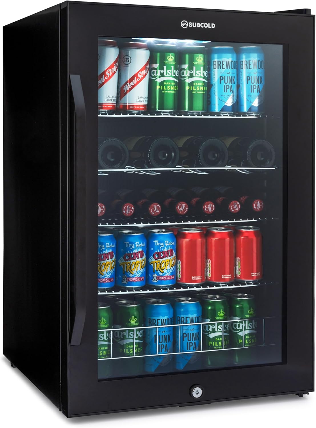 Subcold Ace130 LED Touch Control Beer Fridge With Glass Door | Premium Drinks & Wine Fridge | Black Alu Handle, Auto Defrost with Fan | 140 Cans | Ideal for Home Bar Undercounter