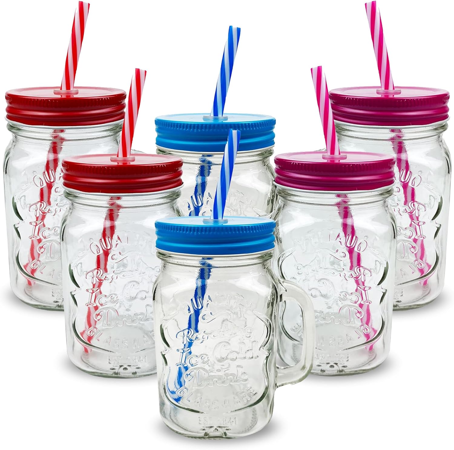 Pack of 6 Mason Jars with Handles, 500 ml Durable Drinking Glasses with Lids, Straws – Perfect for Cold Beverages