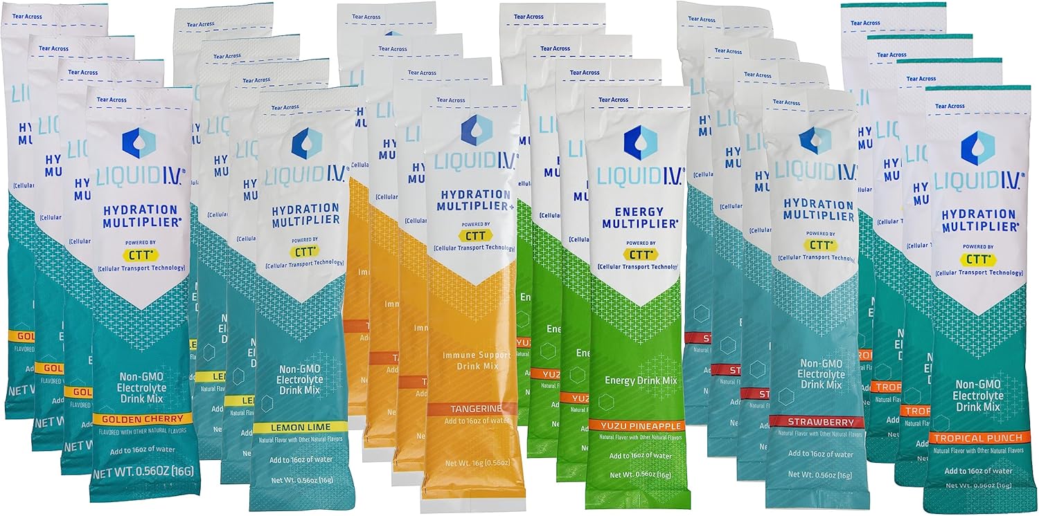 Niro Assortment | Hydration Multiplier - Liquid IV Variety Pack | 24 Pack | 4 Strawberry, 4 Lemon Lime, 4 Yuzu Pineapple, 4 Golden Cherry, 4 Tropical Punch and 4 Tangerine