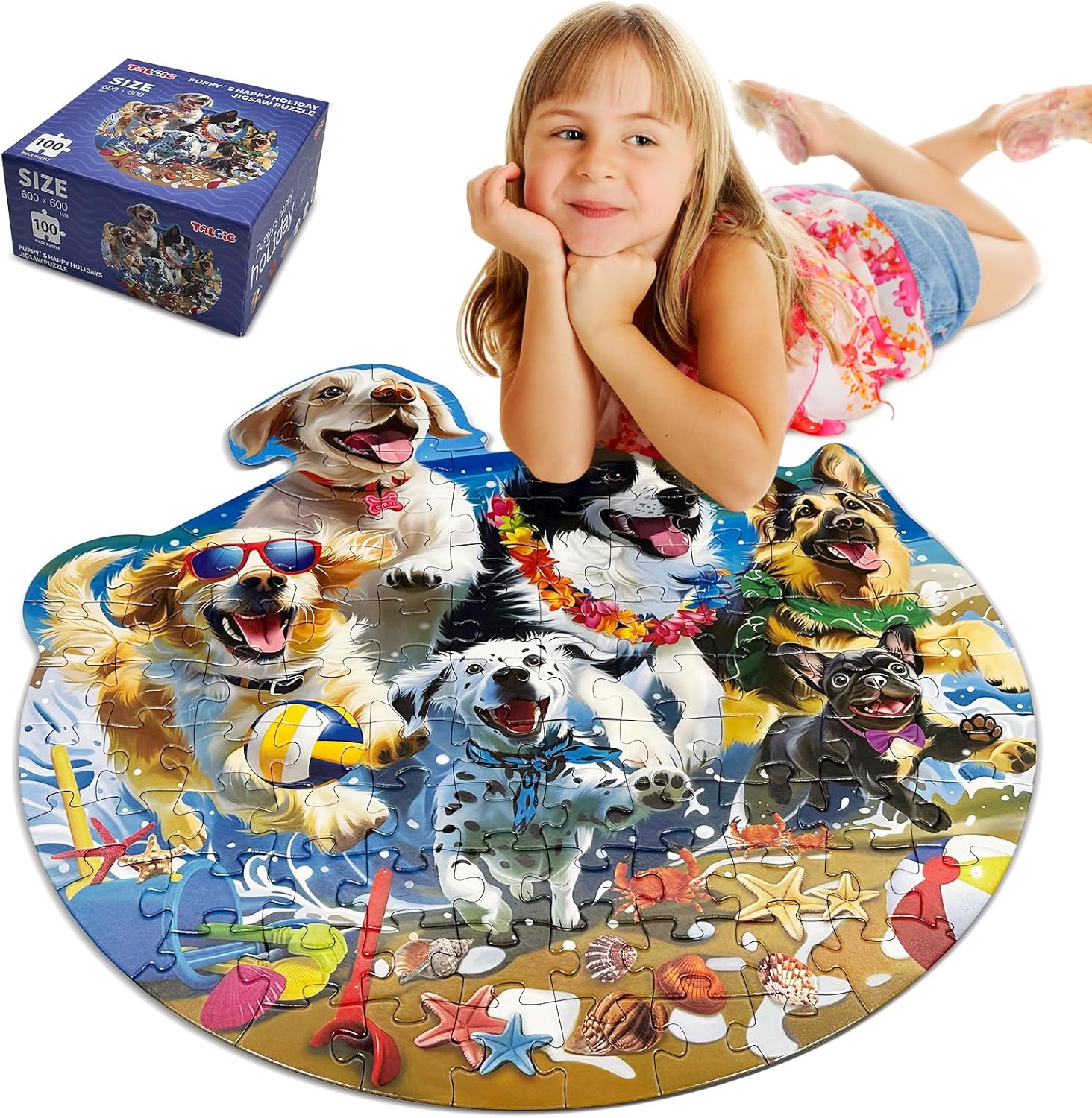 Puzzles for Kids Ages 4-6 with Beach, Puppies & Marine Animals, 100 Piece Floor Puzzles for Kids Ages 3-5, Perfect 7 Year Old Boys Girls Gifts, Large Jigsaw Puzzles for Kids Learning and Play