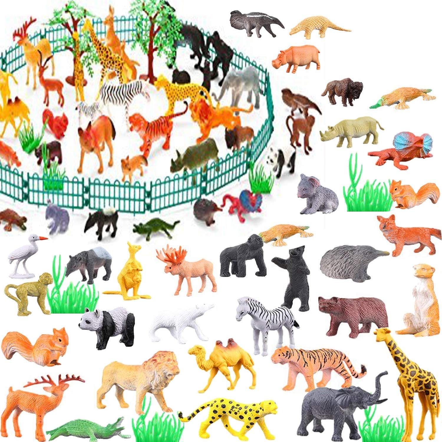 53 Pieces Animal Figures Toy Set - Plastic Educational Jungle Animal Toys for Boys Girls Kids Toddlers Farm Small Animals. Includes 32 Mini Animal Figures,16 Fences, 4 Grass and 1 Trees