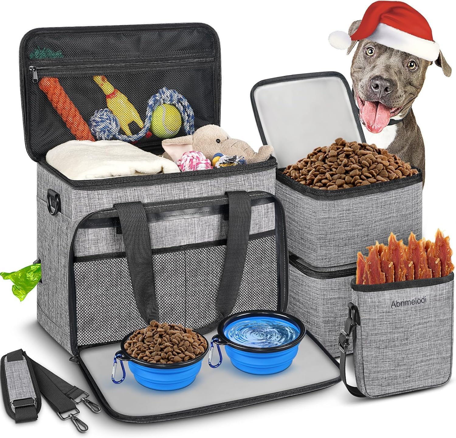 6 Set Dog Travel Bag, Large Pet Travel Kit for Supplies Includes 2 Food Containers, 1 Pet Organizer for Dogs, 2 Collapsible Bowls, 1 Treat Pouch, Dog Weekend Overnight Bag Luggage