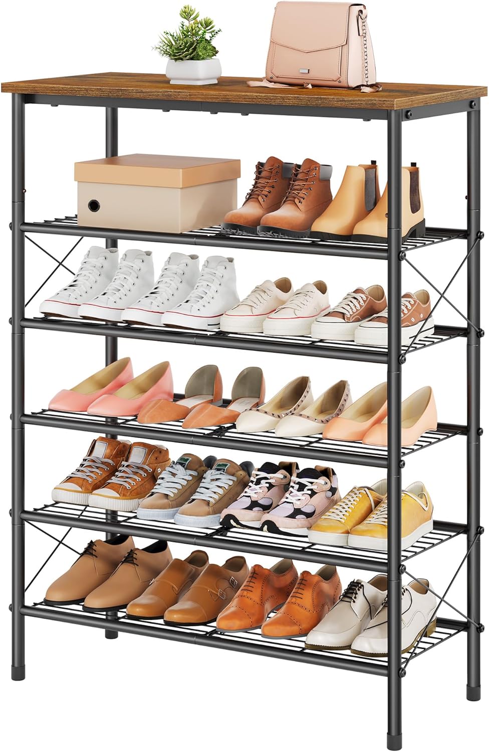 Tajsoon 6 Tier Free Standing Shoe Rack for 20-24 Pairs, X Shape Fixed Frame Metal Mesh Shoe Rack for Closet, Rustic Brown & Black
